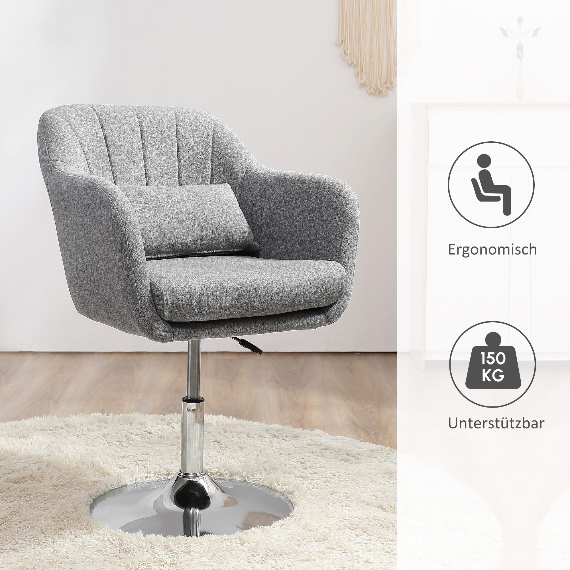 Arbeitshocker Drehhocker bis 136 kg, höhenverstellbar, leinenartiges Polyester, Stahl, Grau, 60 x 60 x 79-91 cm