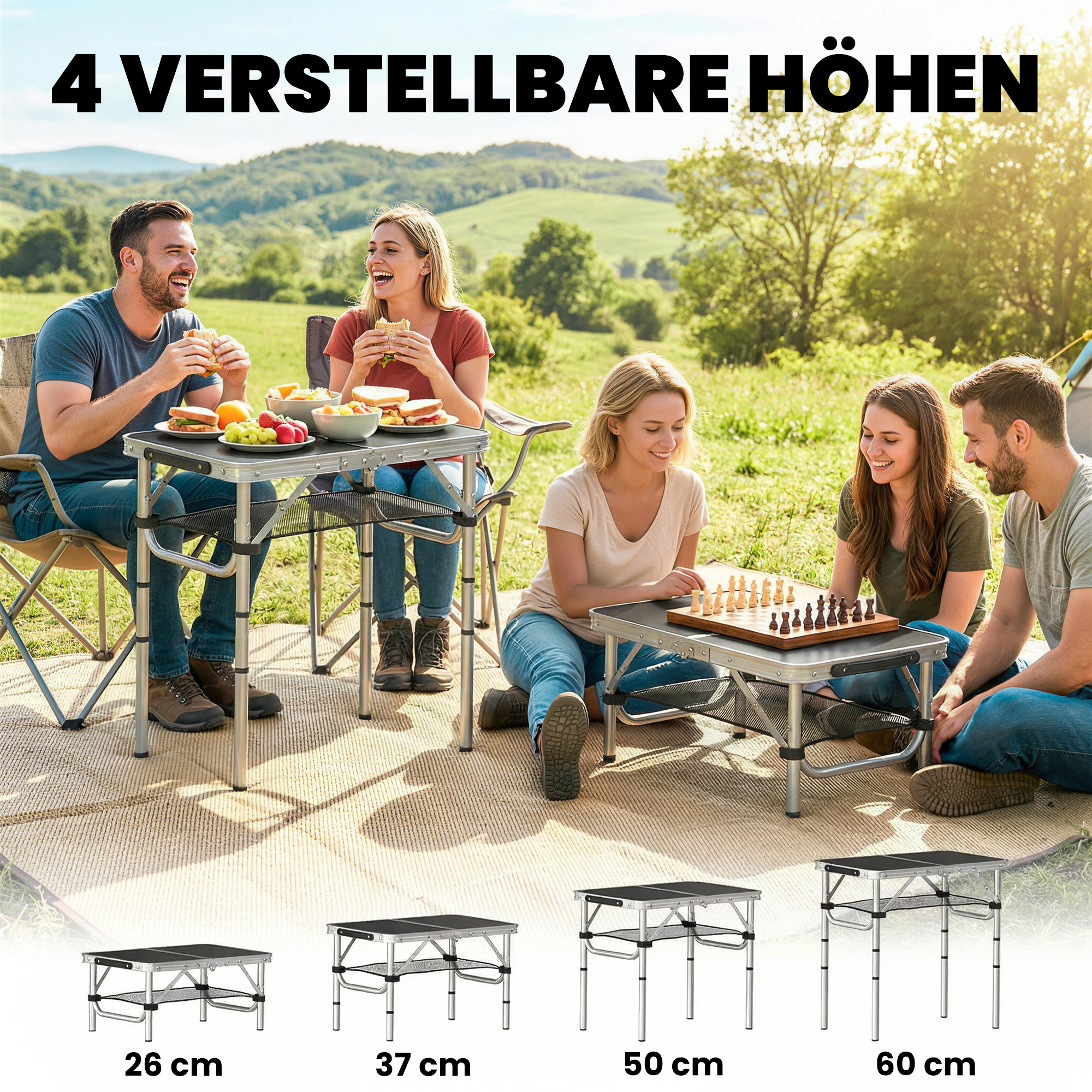 Campingtisch Klapptisch mit Netzfach, 4 Höhenverstellungen, Tragegriff Aluminium 60 x 40 x 26-60 cm Schwarz