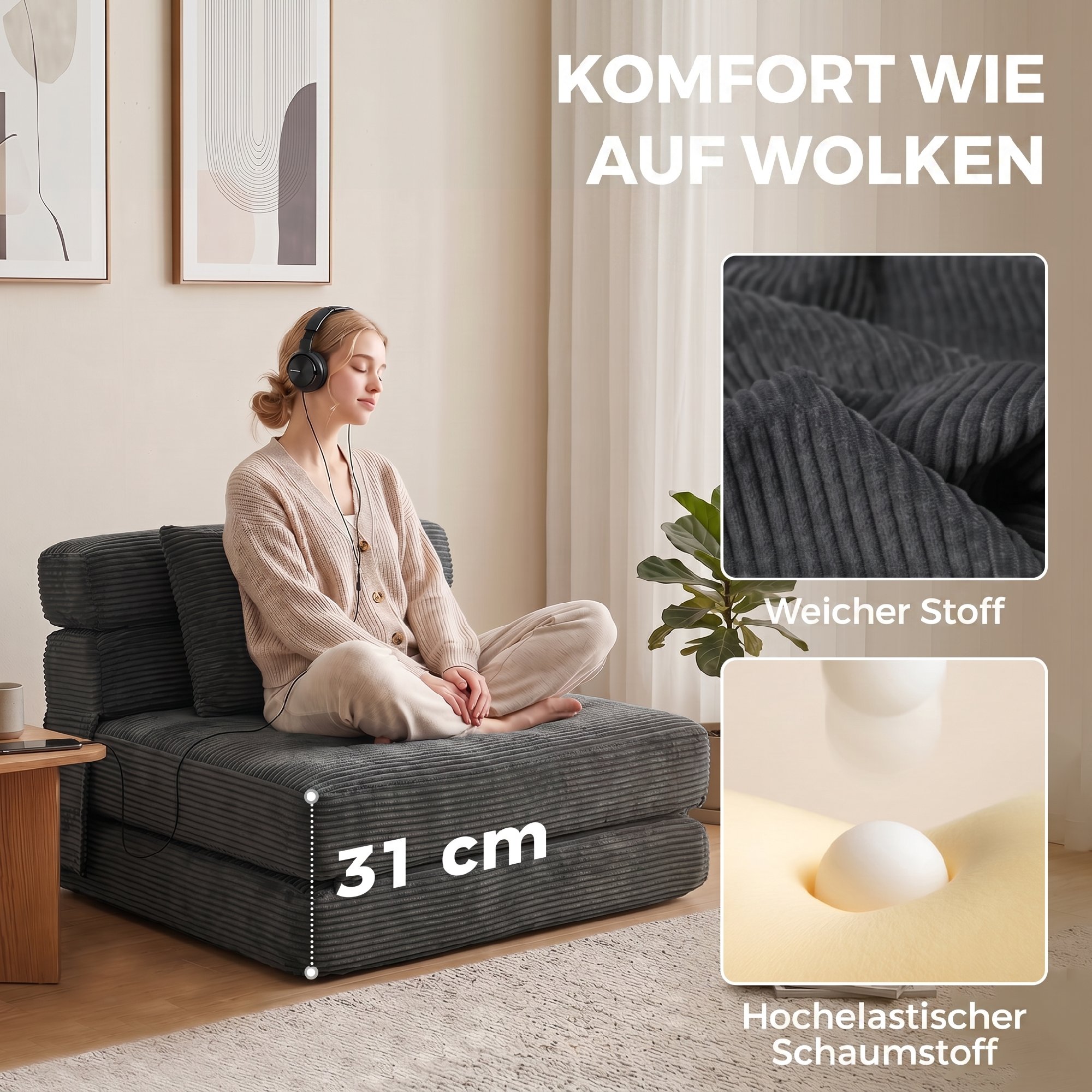 2-in-1 Boneless Cloud Bodenstuhl, klappbares Schlafsessel mit Cord-Optik & Lendenkissen, Dunkelgrau