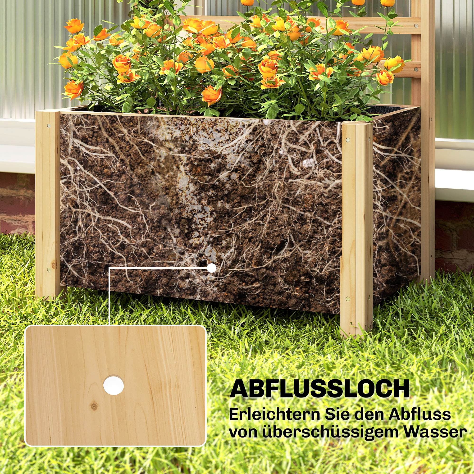 Hochbeet mit Rankgitter Holz erhöhter Blumenkasten mit Spalier Abflussloch Vliesstoff 60 x 39 x 120 cm Naturholz