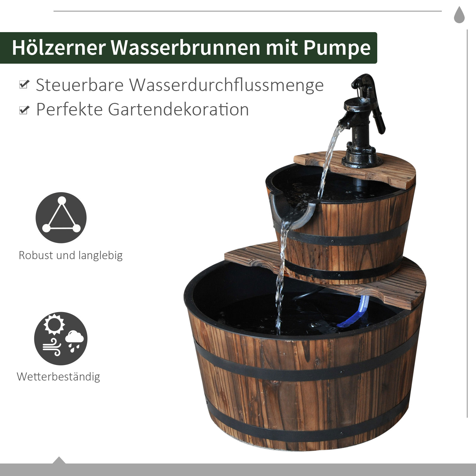 Kaskadenbrunnen 2-stufig Gartenbrunnen Zierbrunnen Zimmerbrunnen Wasserspiel Wasserfall Wasserpumpe Tannenholz Dunkelbraun 44,5 x 44,5 x 58,5 cm