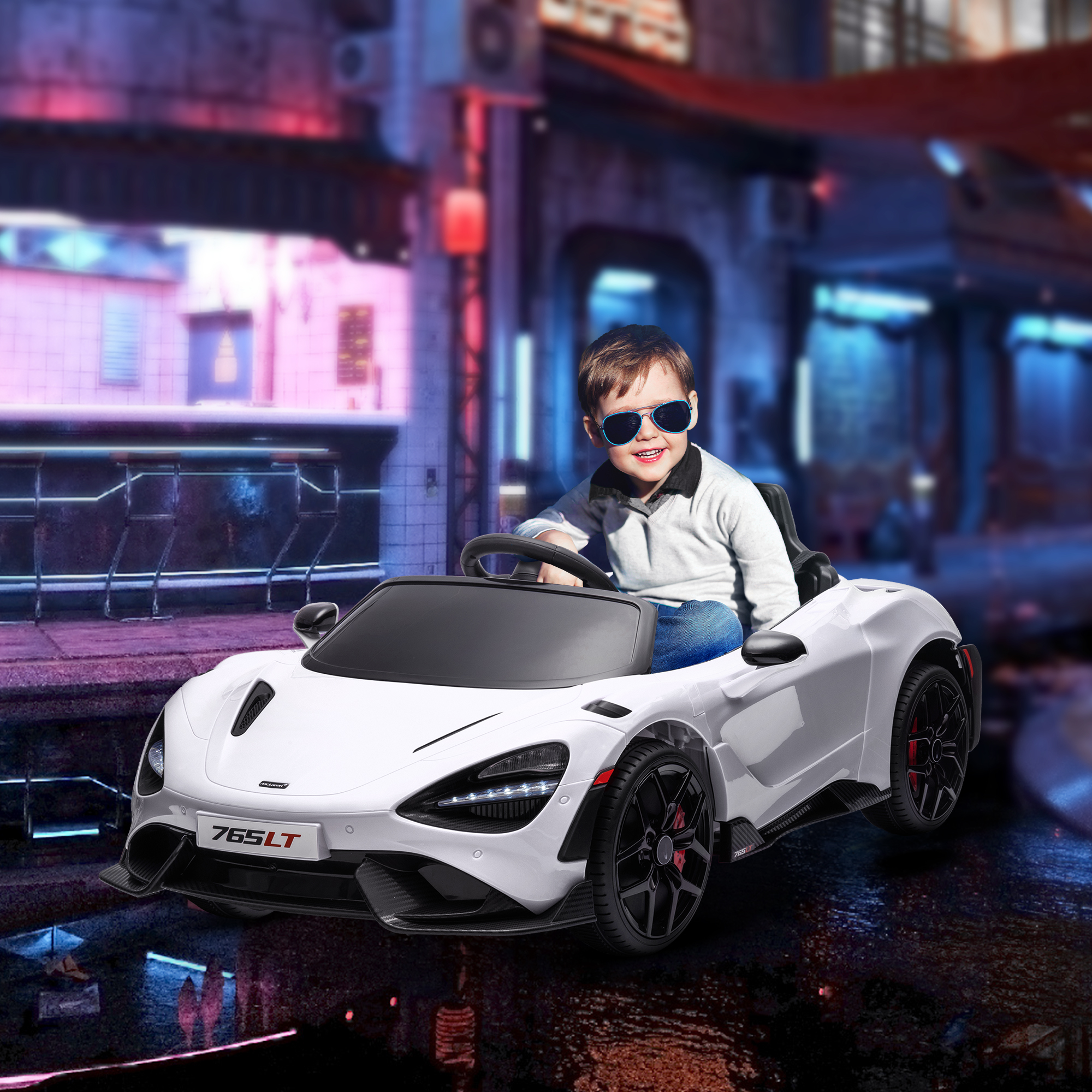Kinder-Elektroauto mit Flügeltüren, fernsteuerbar, mit sanftem Antrieb und LED-Lichtern, Weiß