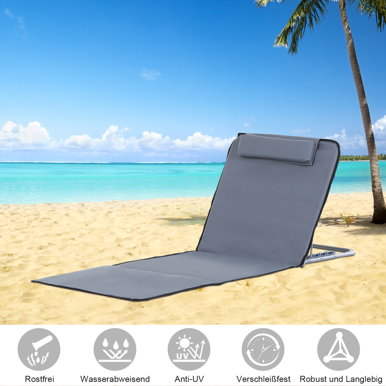 Sonnenliege klappbar Gartenliege mit Kopfkissen Liegestuhl mit 5-Fach verstellbare Rückenlehne Strandliege mit Tragetasche Gartenstuhl für Garten Urlaub Outdoor Strand Pool, Grau