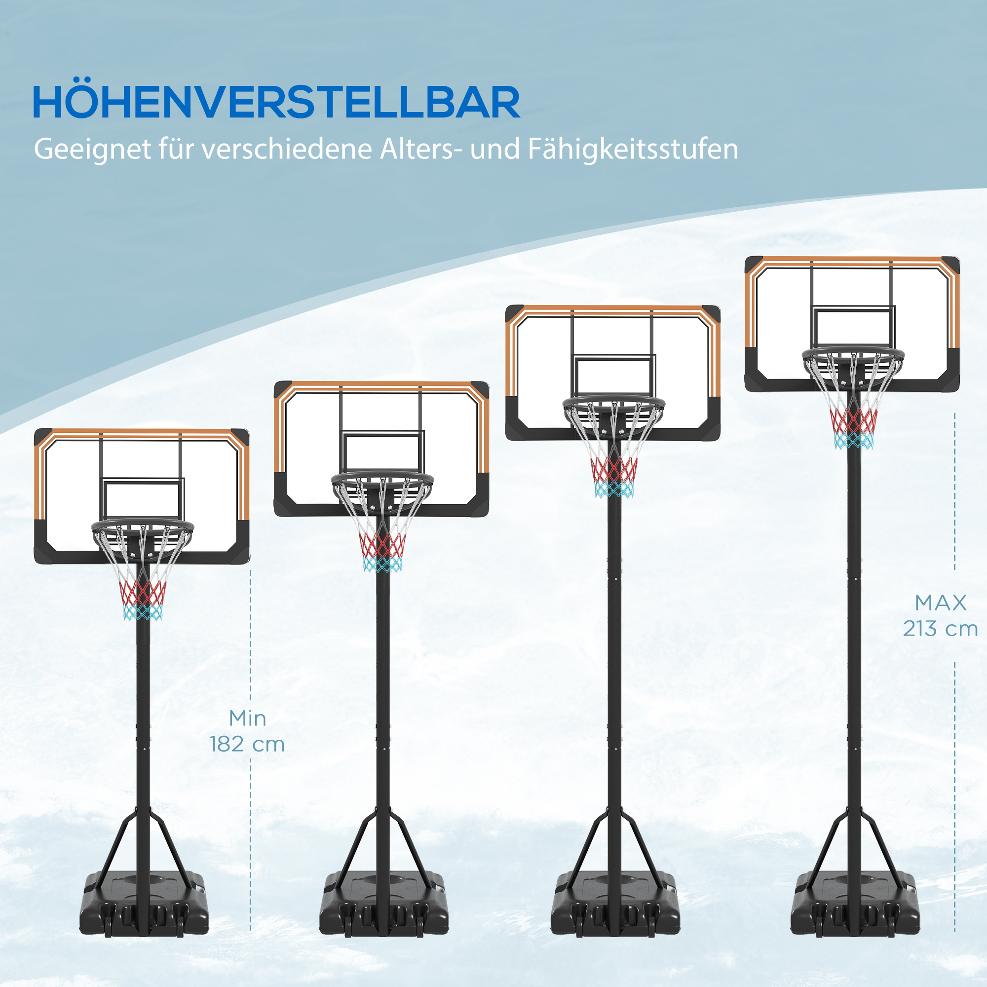 Basketballständer, höhenverstellbar, 182-213 cm Korbhöhe, wetterfest, mit Rollen, Metallrahmen