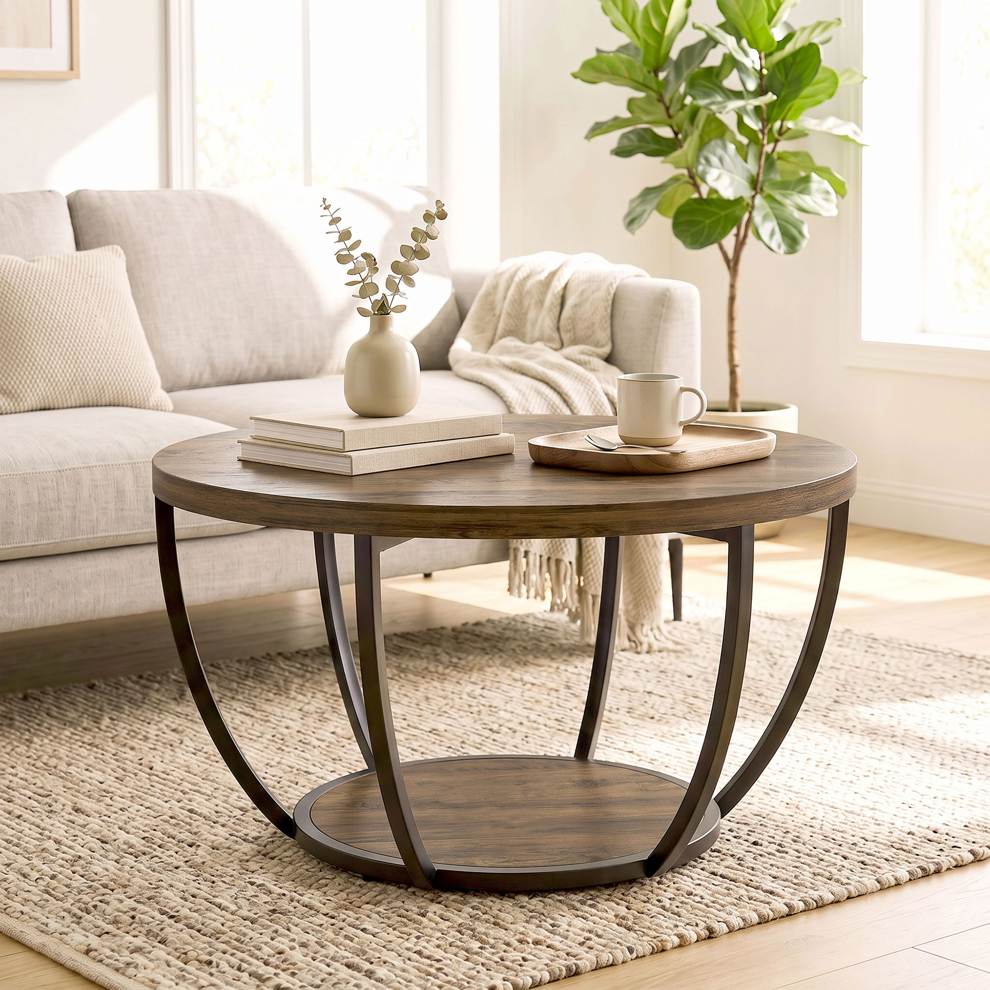Couchtisch mit 2 Ebenen, Wohnzimmertisch 80 x 80 x 43,8 cm, Braun/Schwarz