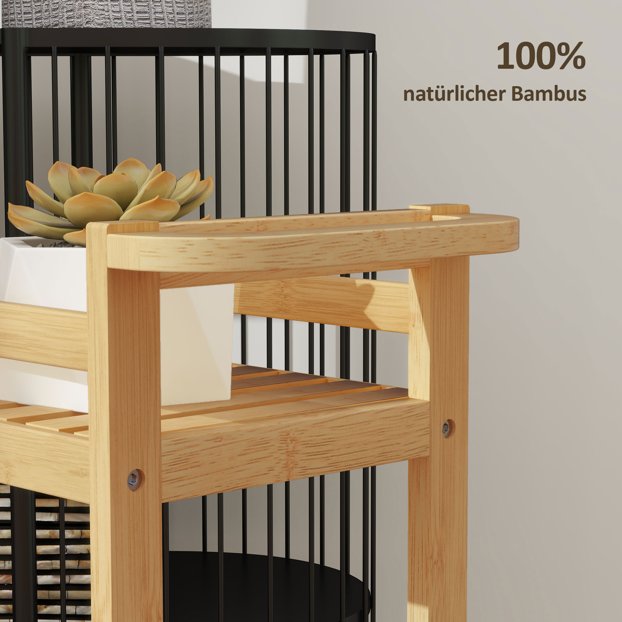 Servierwagen, 3 Etagen, Lamellenböden, Herausfallschutz, Bambus, 55 x 20 x 75 cm