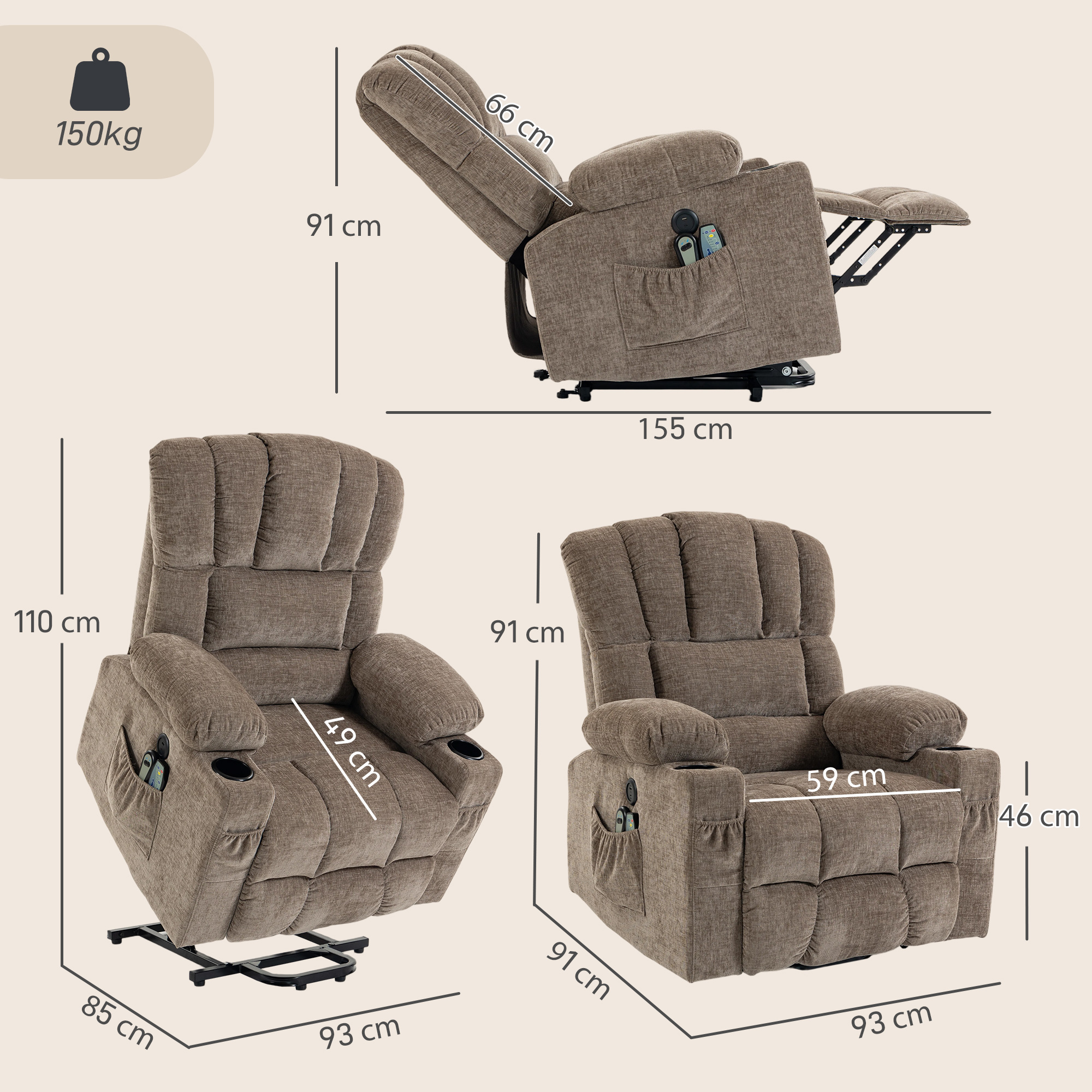 Fernsehsessel mit Aufstehhilfe, Elektrischer Relaxsessel mit Massage & Wärme, Liegefunktion, USB-Anschlüssen, Braun