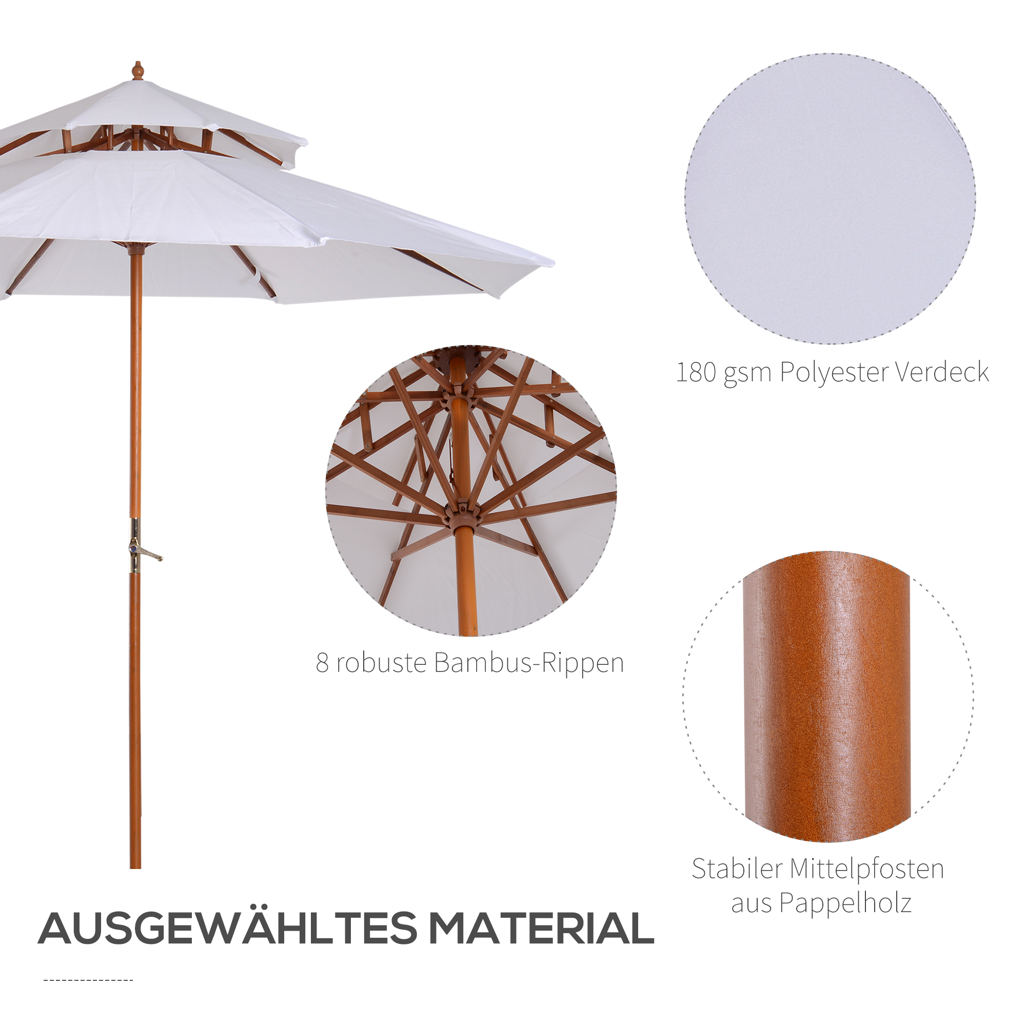 Holz Sonnenschirm Holzschirm Gartenschirm Balkonschirm Doppeldach Creme