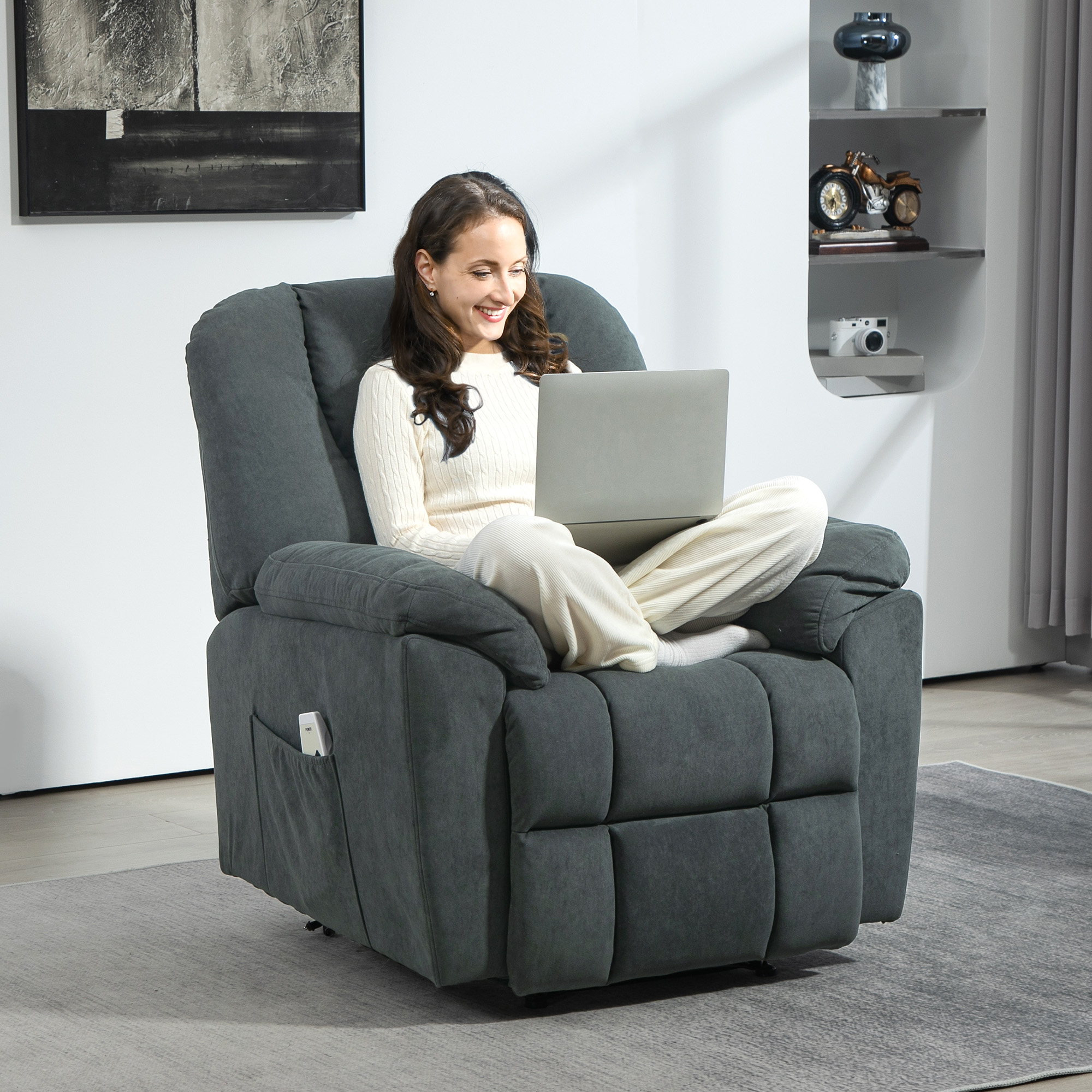 Relaxsessel mit Massage- und Wärme-Funktionen, Polstersessel mit USB-Anschluss, Seitentaschen, Grau