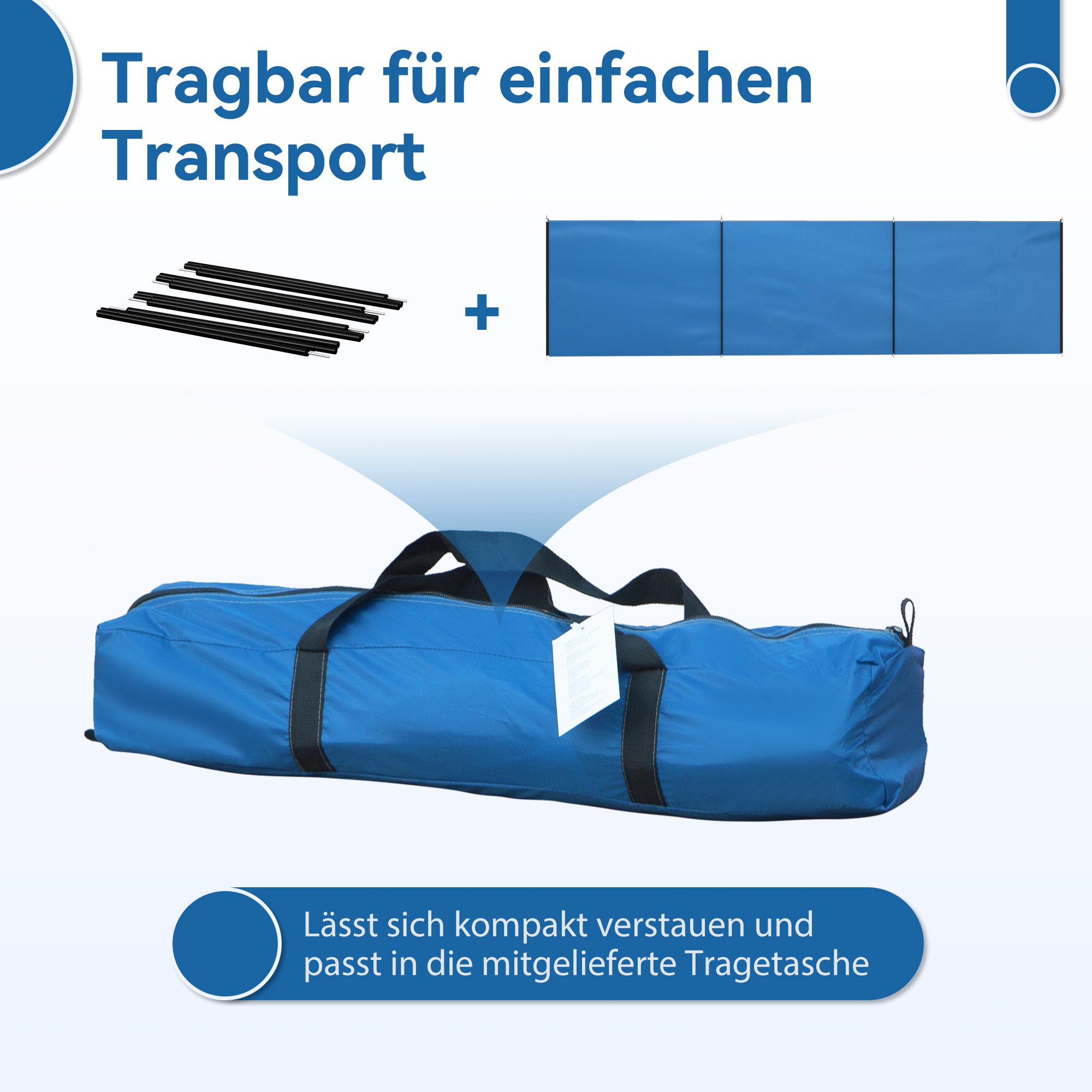 Windschutz Camping Sichtschutz mit 4 Stahlstangen Tragetasche Strandschutz für Camping Garten Strand 540 x 150 cm Blau