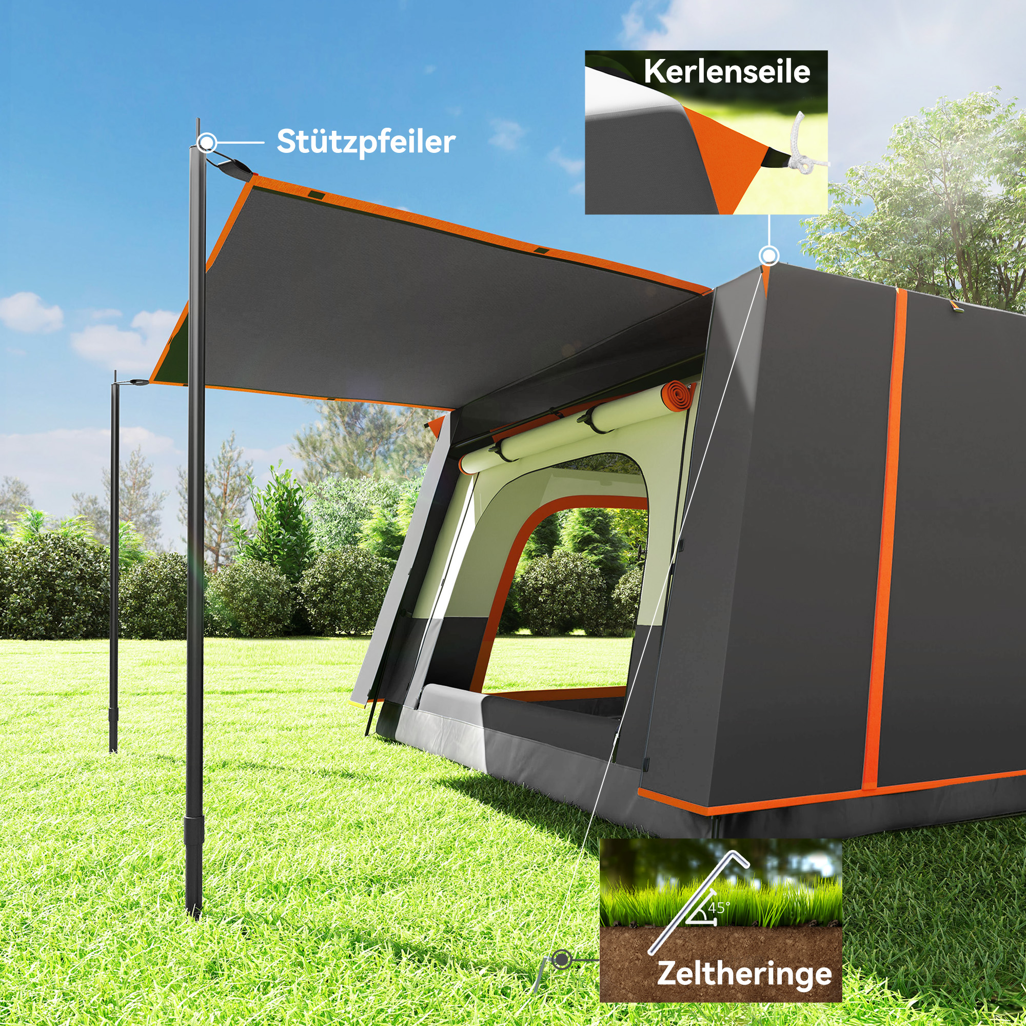 Campingzelt für 4-6 Personen leicht, stabil wasserdicht Tunnelzelt mit Vordach Bodenplane Dunkelgrau