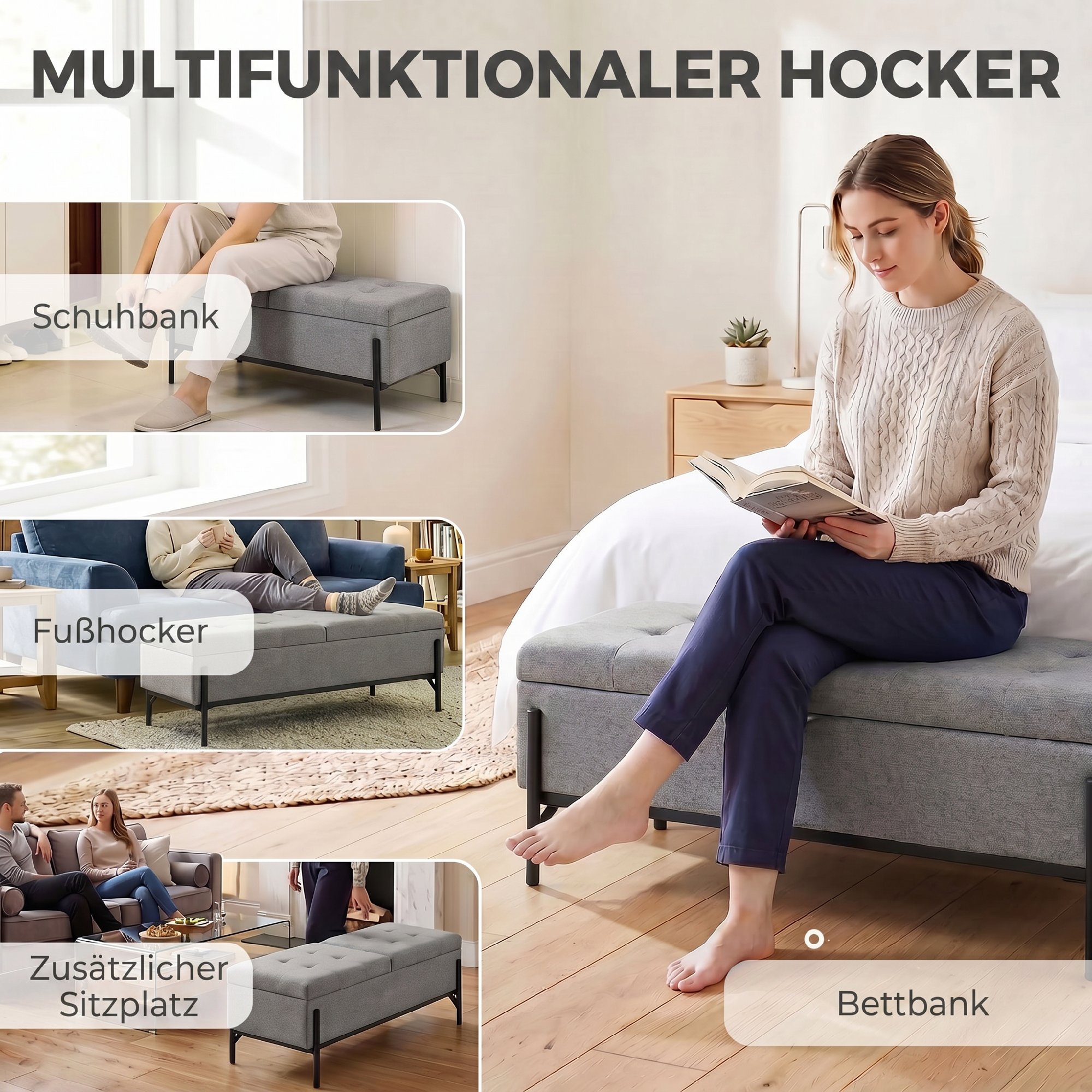 Sitztruhe aus Leinen, Bettbank mit 2 Fächern, klappbaren Deckeln und extra dicker Polsterung, 117 x 50 x 44 cm