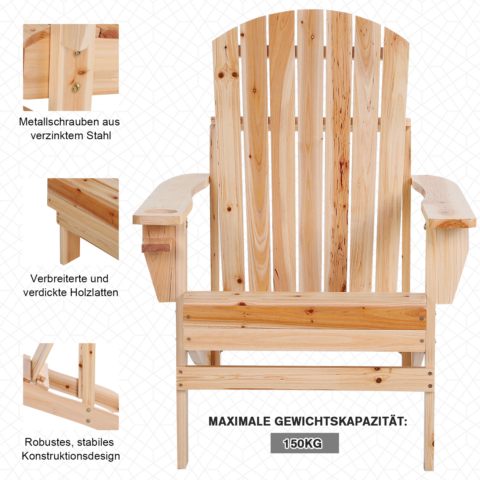 Adirondack-Gartenstuhl mit Becherhalter Gartenliege Balkonstuhl Massivholz Natur 72,5 x 97 x 93 cm