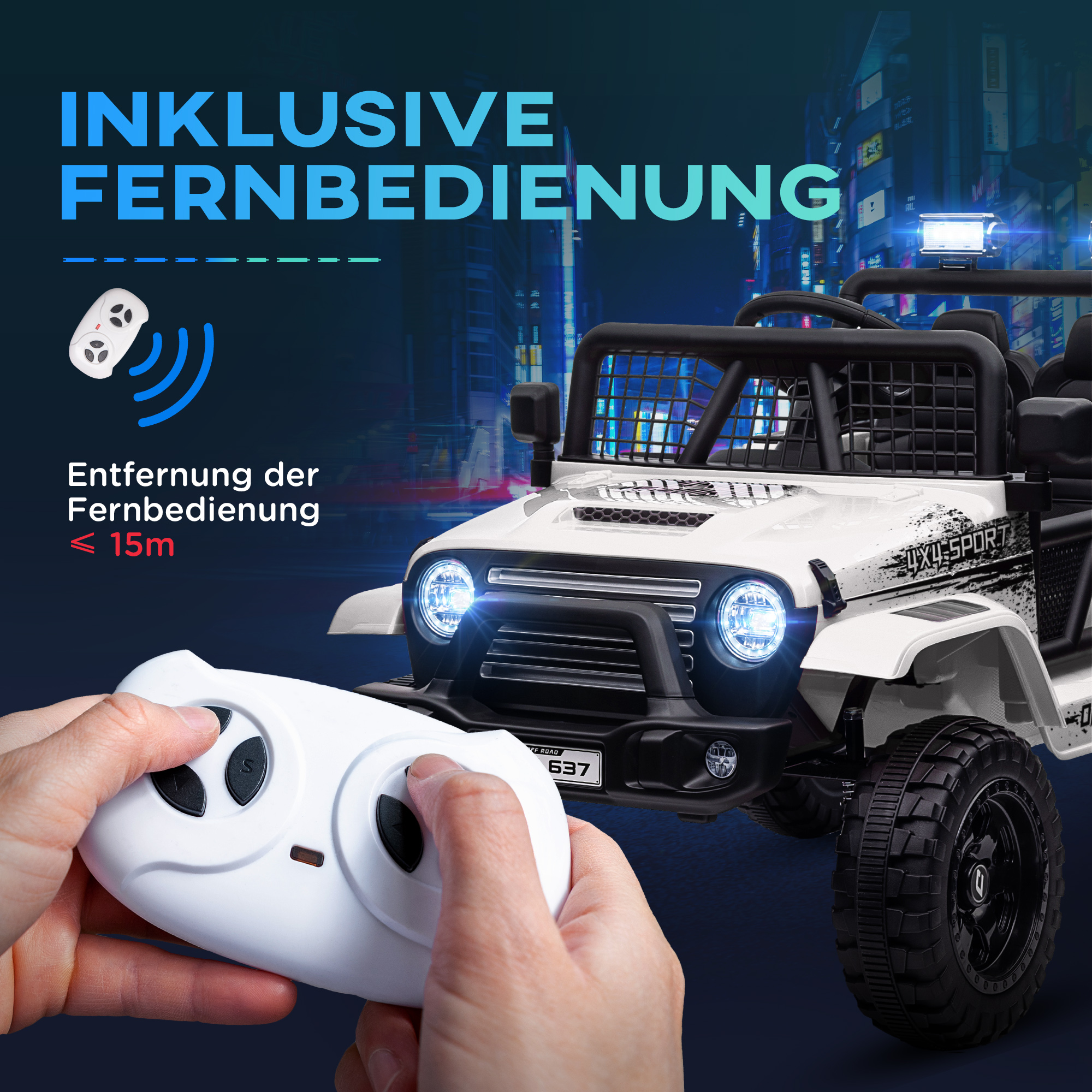 Kinder-Elektroauto mit sanfter Federung, fernsteuerbar, LED-Lichter, Hupe, 12V-Motoren, aus Kunststoff und Metall, Weiß