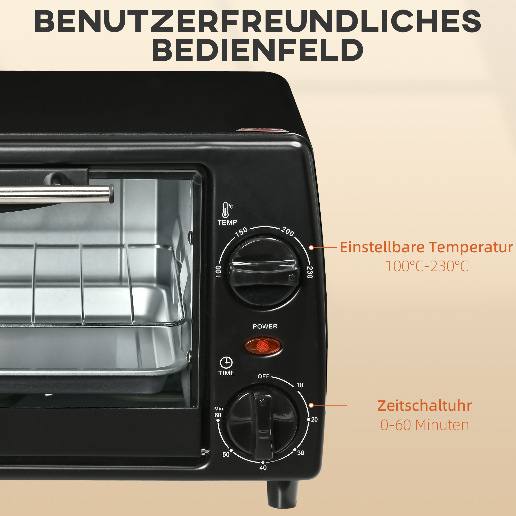 Mini-Ofen Toasterofen, 1 Backblech, 1 Grilrost, 10 L Kapazität, Timer-Funktion, 36,5 cm x 26 cm x 22 cm, Schwarz