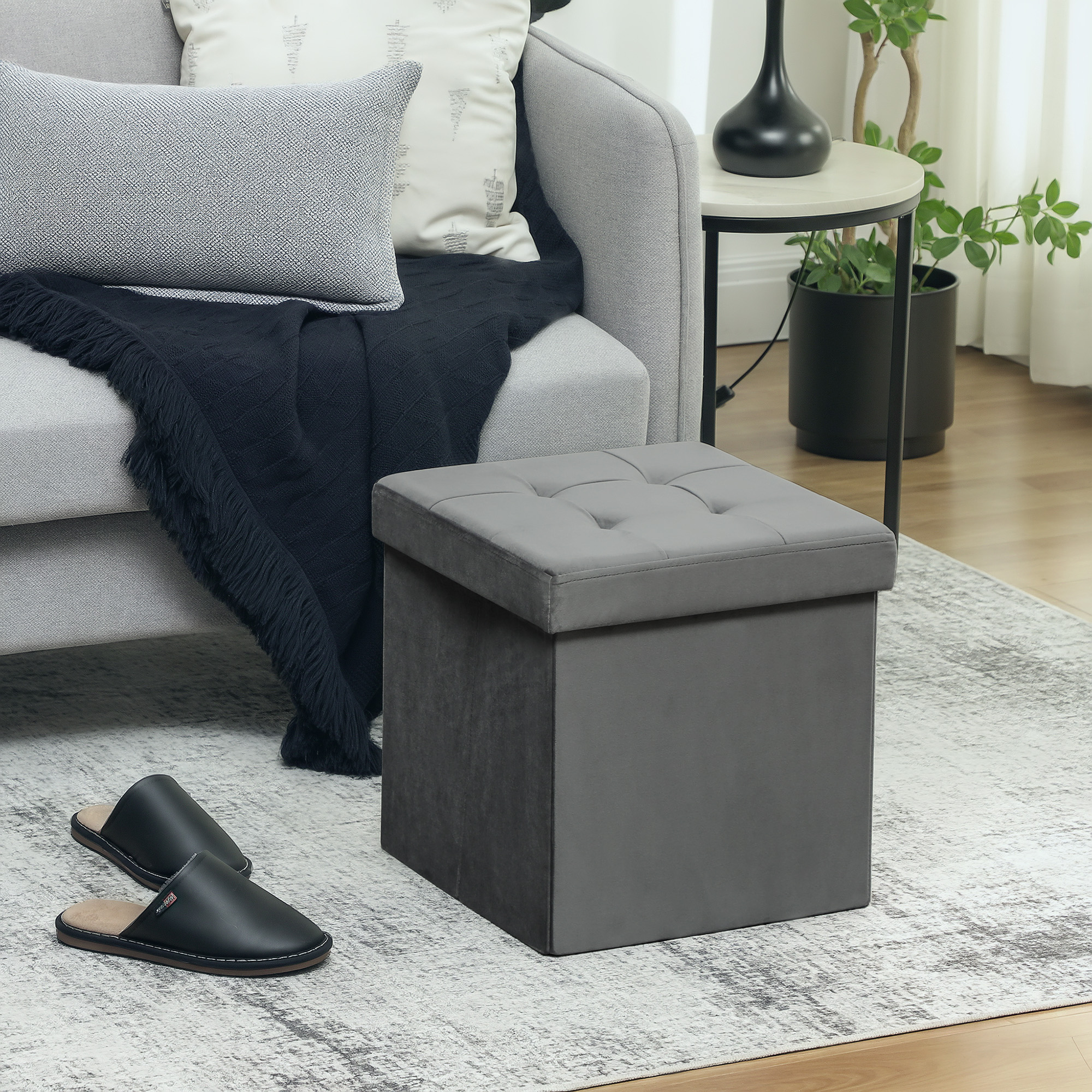 Klappbarer Sitzhocker mit Stauraum, Aufbewahrungsbox, Schaumstoff, MDF, Grau