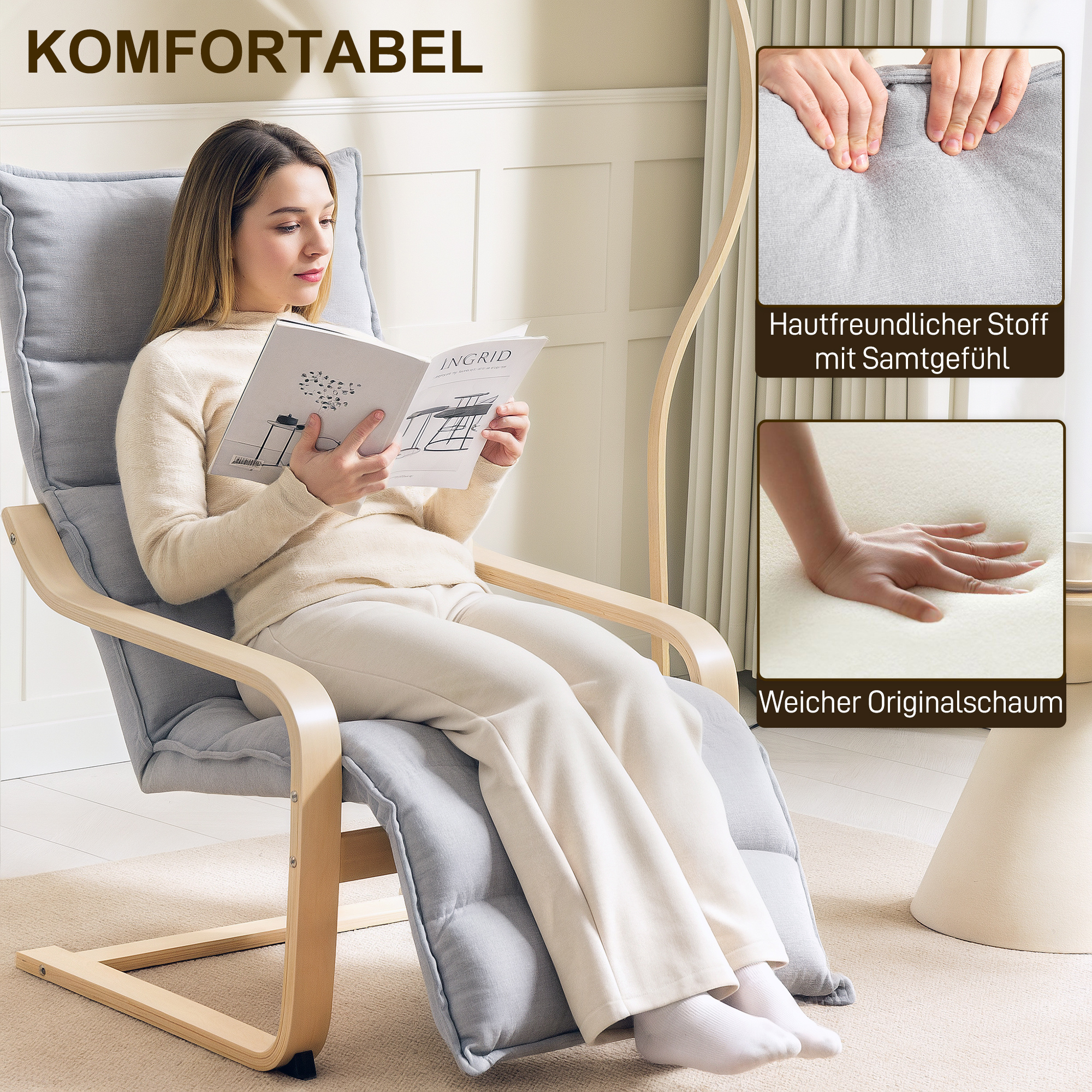 Lounge-Sessel aus Birkenholz, Polstersessel mit verstellbarer Fußstütze, Moderner Armlehnstuhl, Hellgrau
