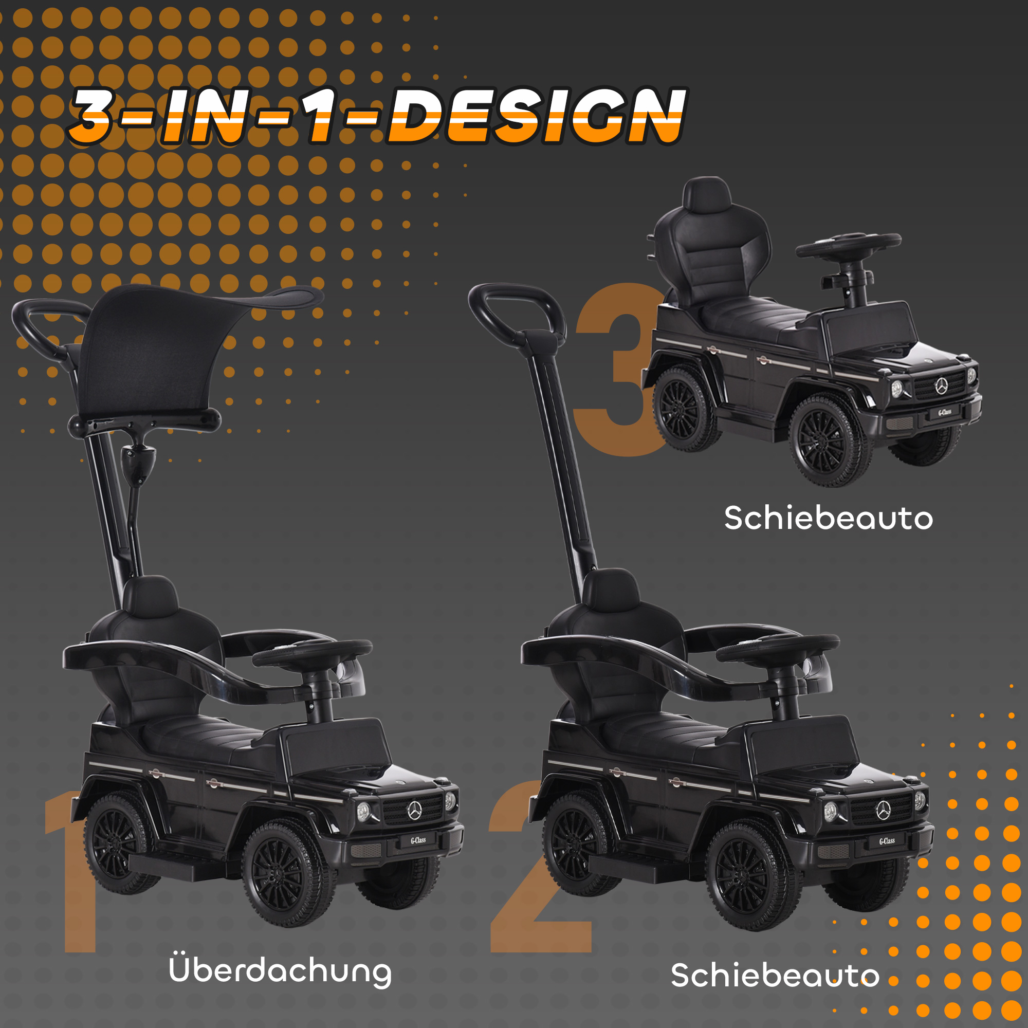 Rutschauto mit Schiebstange Mercedes-Benz G350 Rutschfahrzeug mit Lenkrad 3-in-1 Schiebeauto für 18-36 Monate Kinder Schwarz