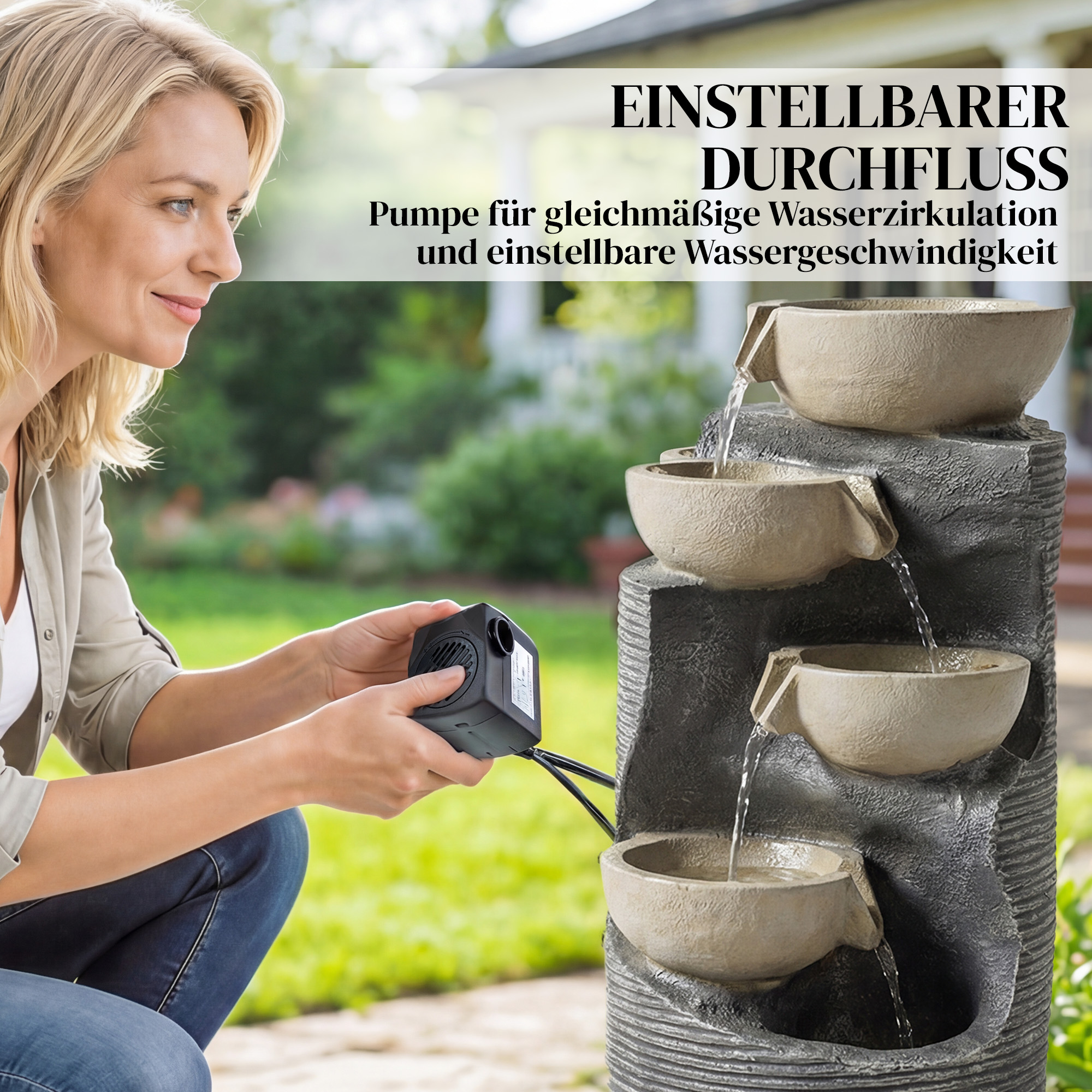 Springbrunnen 5-stufig Gartenbrunnen mit LED Beleuchtung Pumpe Steinoptik, Verstellbar 33 x 31 x 80 cm