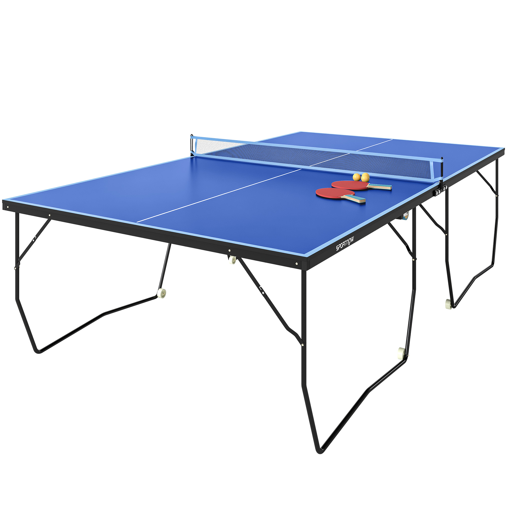 Tischtennisplatte, klappbar, 8 Räder, pulverbeschichteter Stahlrahmen, MDF, 274 x 152,5 x 76 cm, Blau