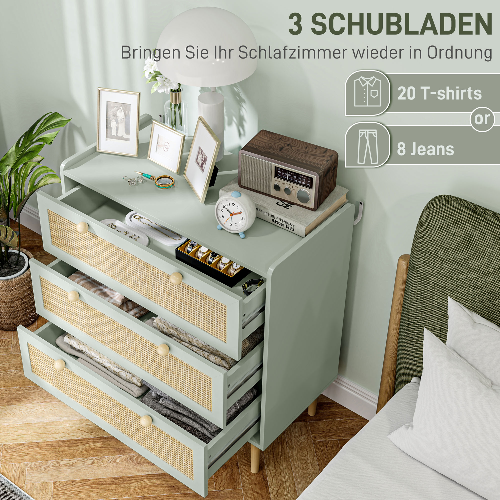Schlafzimmer-Kommode mit 3 Schubladen, Rattan-Fronten, Kleiderkommode für Flur, Eingangsbereich, MDF, Grün