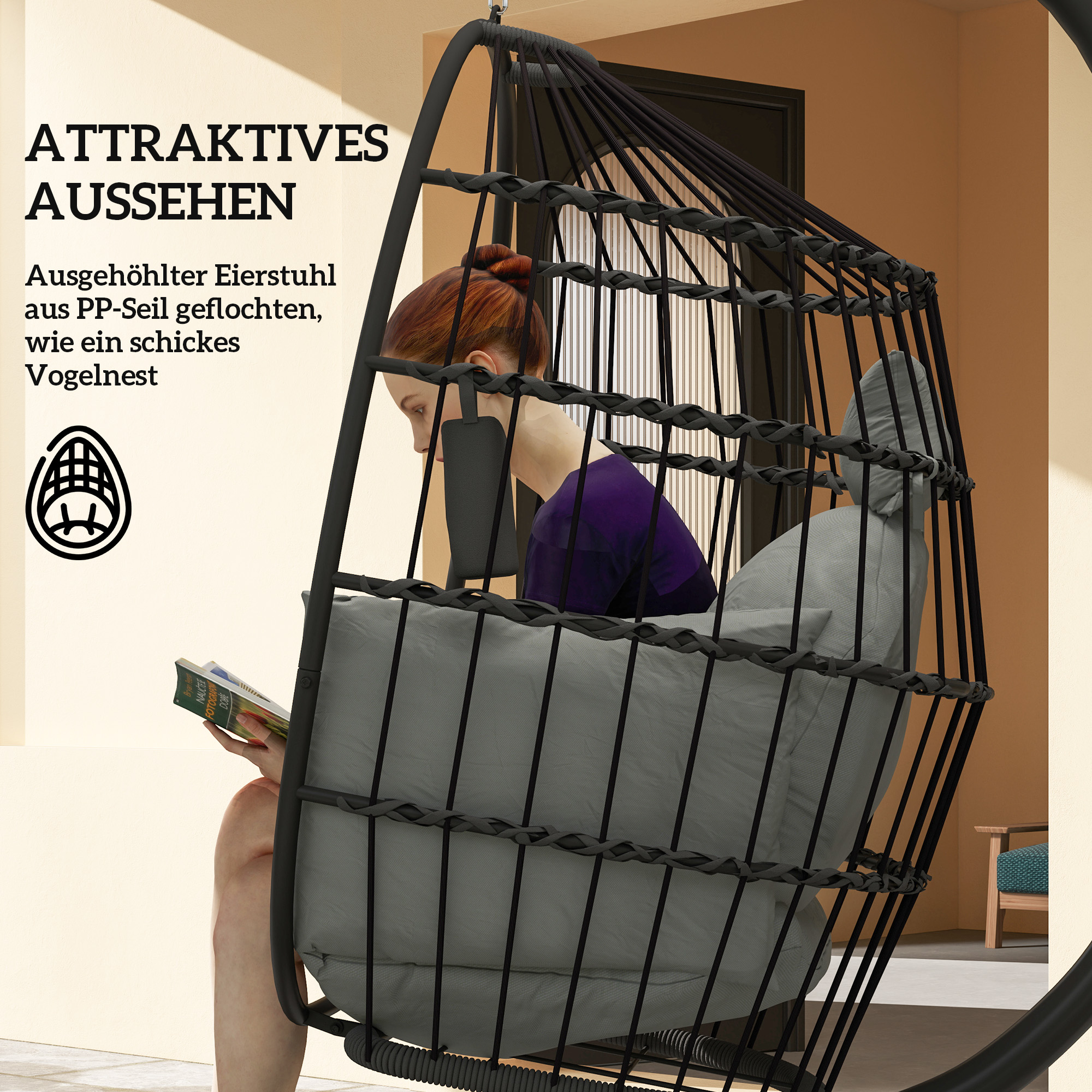 Hängender Outdoor-Schaukelstuhl mit faltbarem Korbsitz und dicken Kissen, Ständer, Kopfstütze, Becherhalter, Schwarz