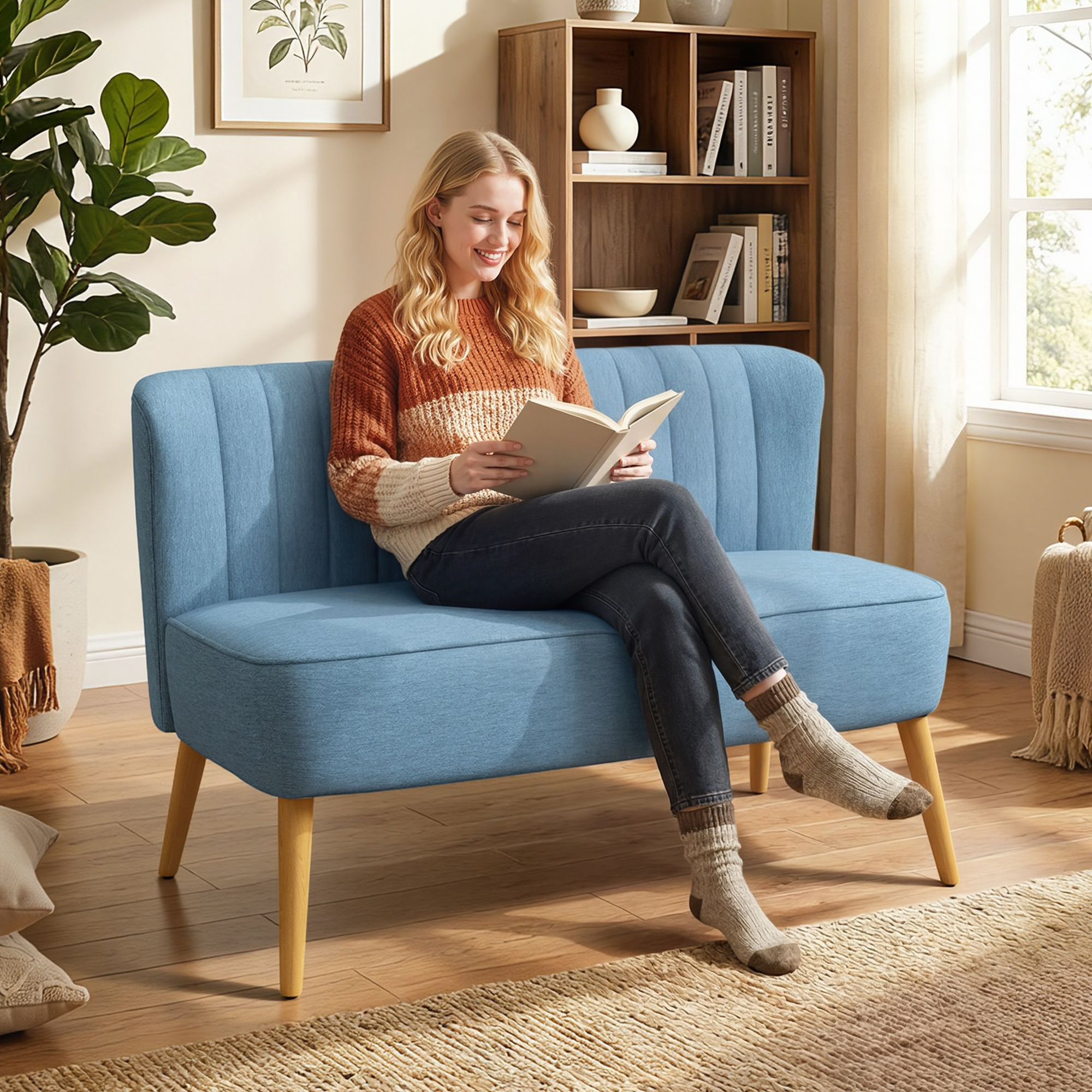 2-Sitzer Sofa im Retro-Look, weiche Polsterung, pflegeleichter Bezug, bis 150 kg, 117 x 56,5 x 77 cm, Blau