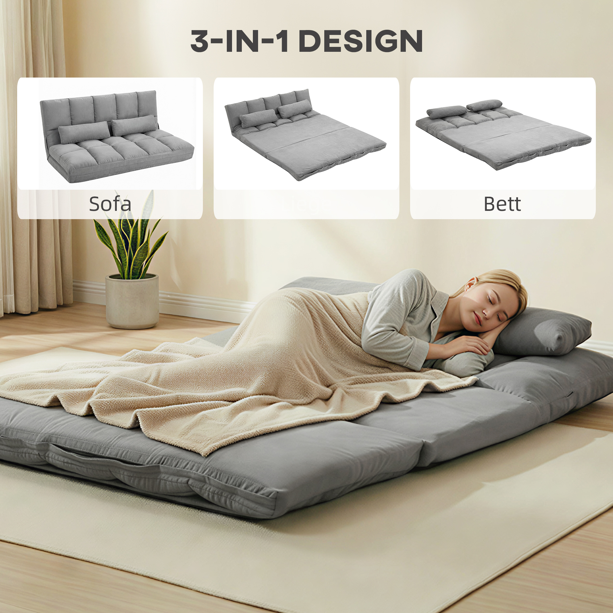 Bodensofa klappbar Schlafsofa mit 3-stuhfig verstellbar Rückenlehne Hellgrau