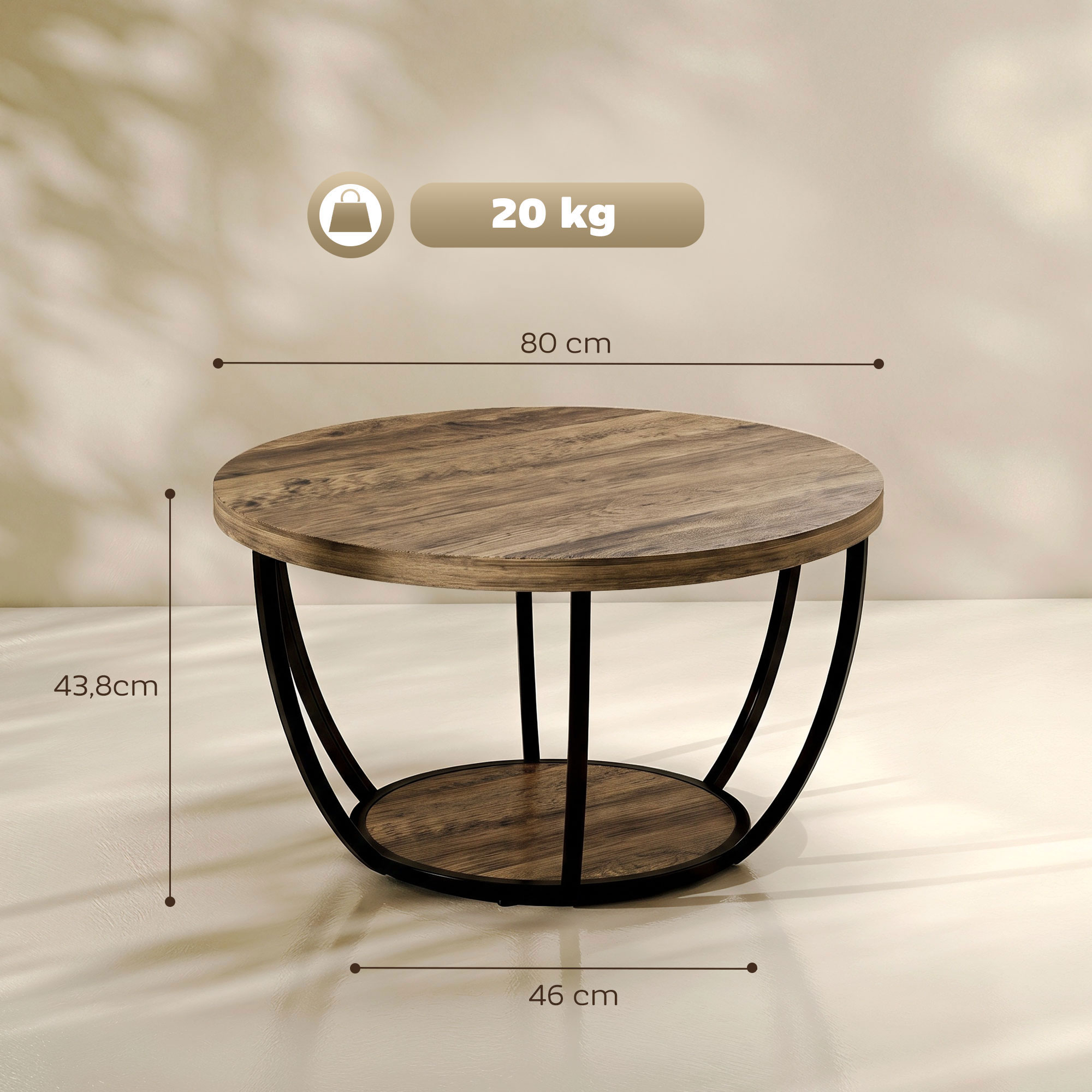 Couchtisch mit 2 Ebenen, Wohnzimmertisch 80 x 80 x 43,8 cm, Braun/Schwarz