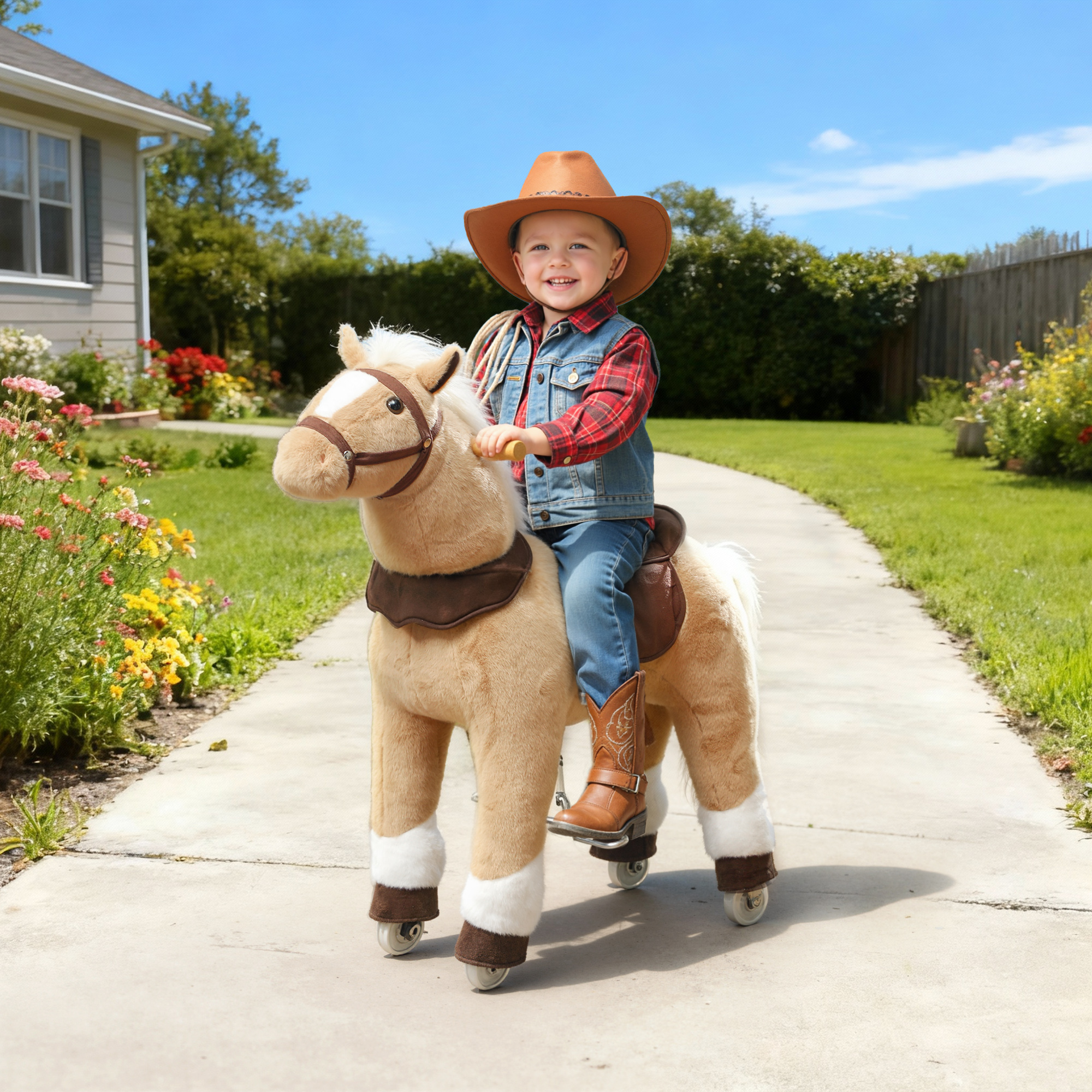 Reitpferd für Kinder, Stoffbezug, stabiler Rahmen, sanfte Räder, Schaukelpferd, 3-5 Jahre, Braun