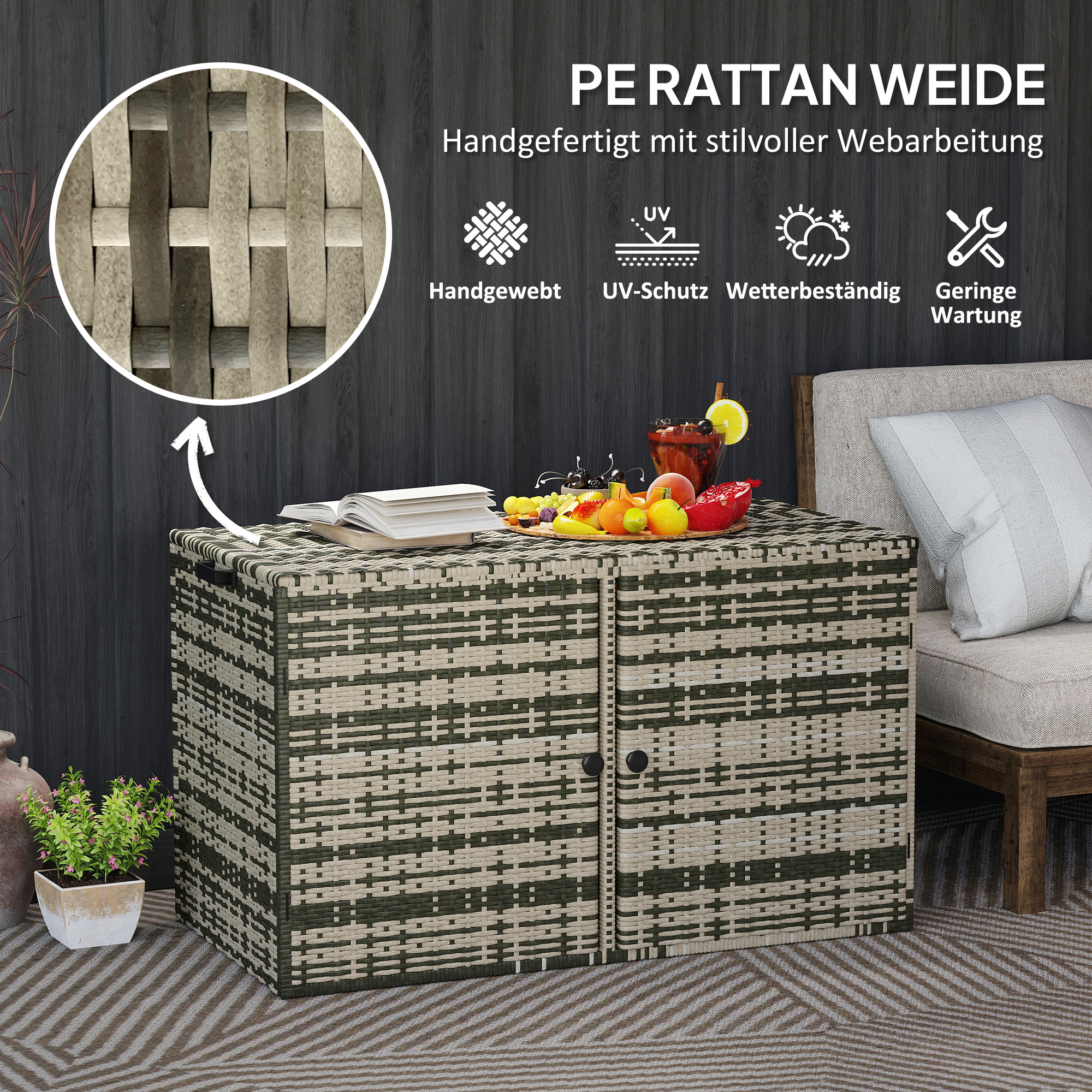 Rattan Auflagenbox 350L 2-Ebenne Kissenbox mit Deckel Hebestangen Tragegriffe 118 x 57 x 69 cm Mischgrau