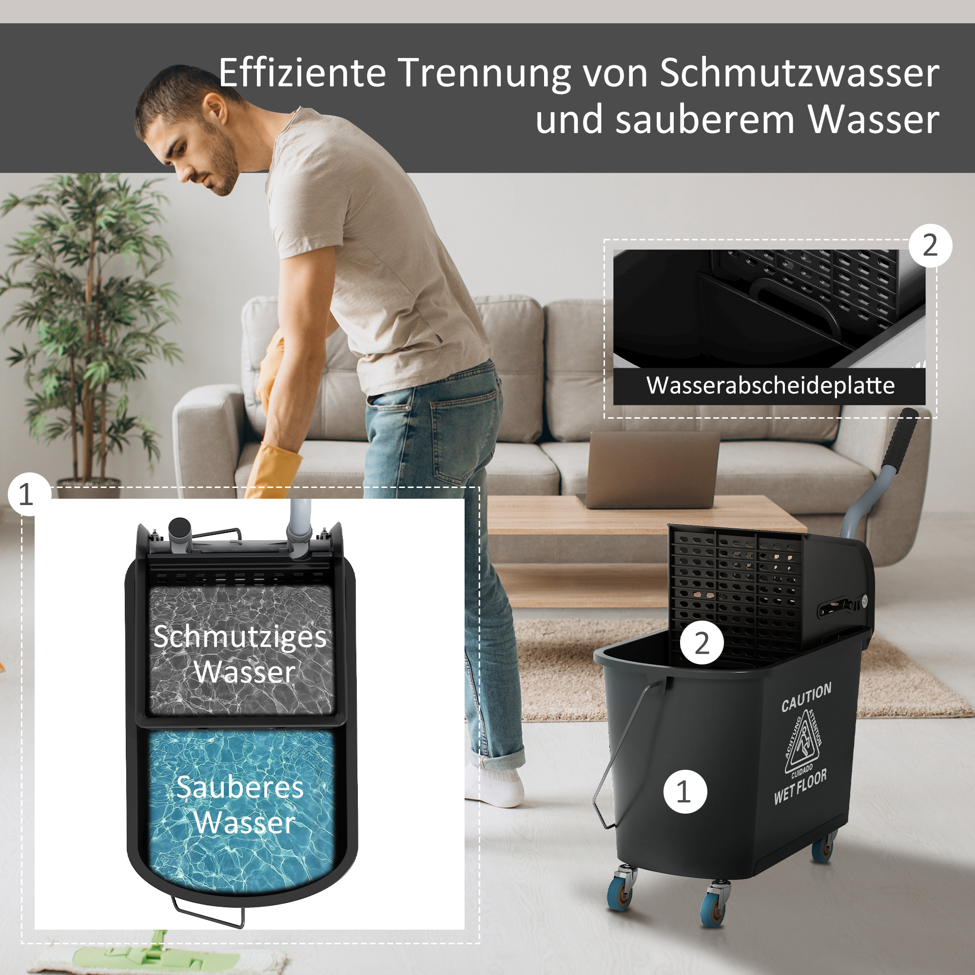 20l Mopp-Eimer mit Auswringer und Griff, Wischmopp-Eimer auf Rädern, Kunststoff, Schwarz