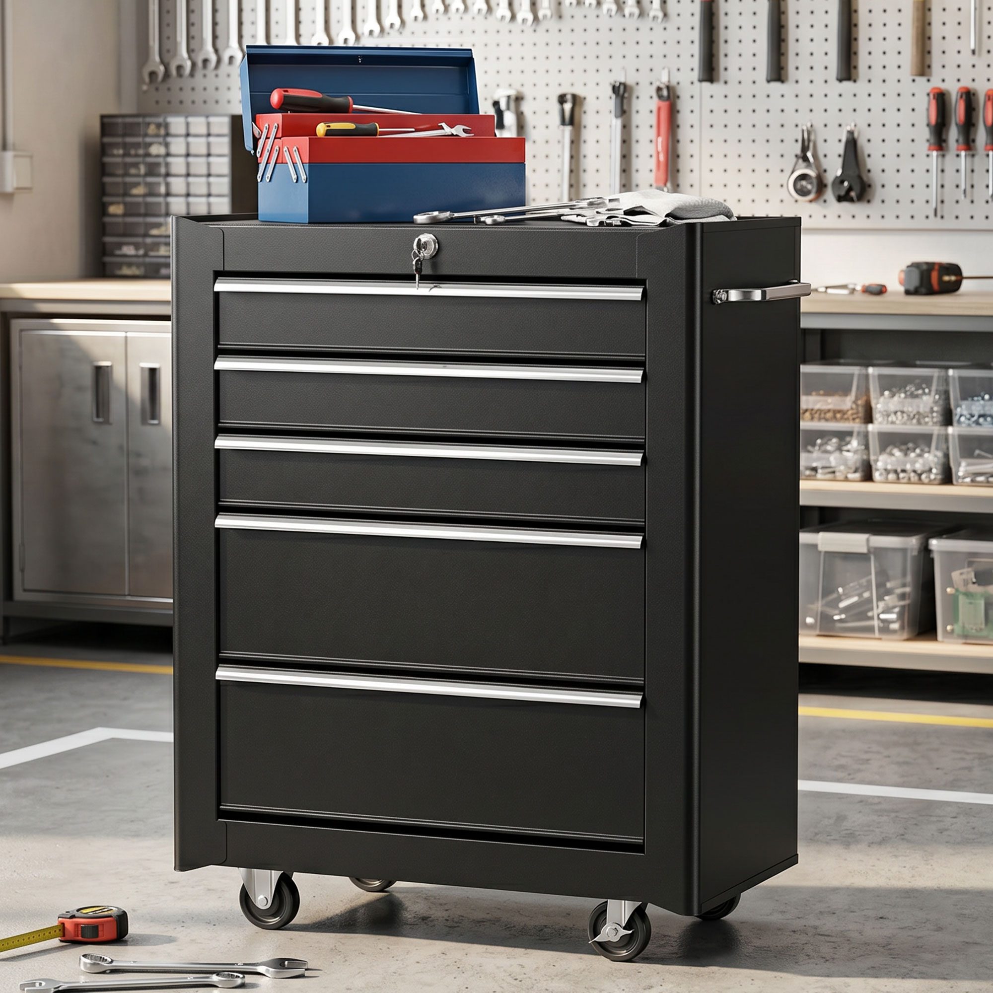 Werkzeugschrank, Werkzeugkiste, 5 Schubladen, rollbar, Stahl, Schwarz