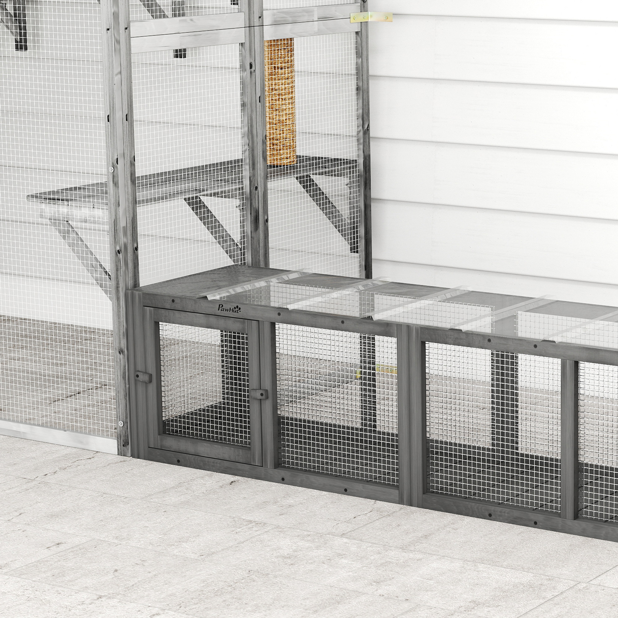Katzentunnel Katzenspielzeug aus Holz mit 3 Türen, erweiterbar Spieltunnel für Katzen bis 10 kg, 151,5 x 38,5 cm Grau