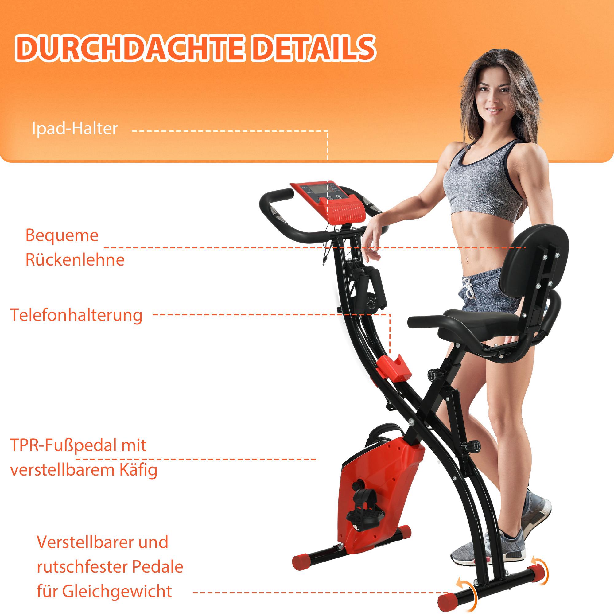Heimtrainer 2-in-1 Fahrradtrainer mit LCD-Display Pulsmesser verstellbar Sitz Räder, klappbarer Hometrainer Trimmrad mit 8 stufig Magnetwiderstand, Spannseil, Stahl