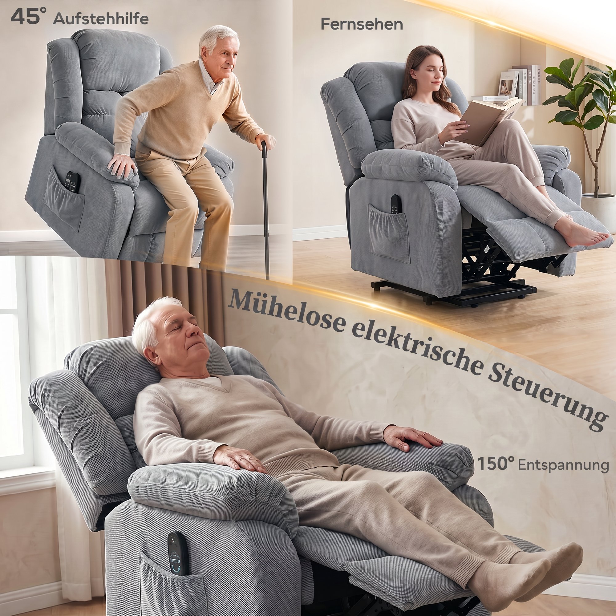 Aufstehsessel mit Massagefunktion und Lendenheizung, Recliner-Sessel mit Fernbedienungen und Seitentaschen, Hellgrau