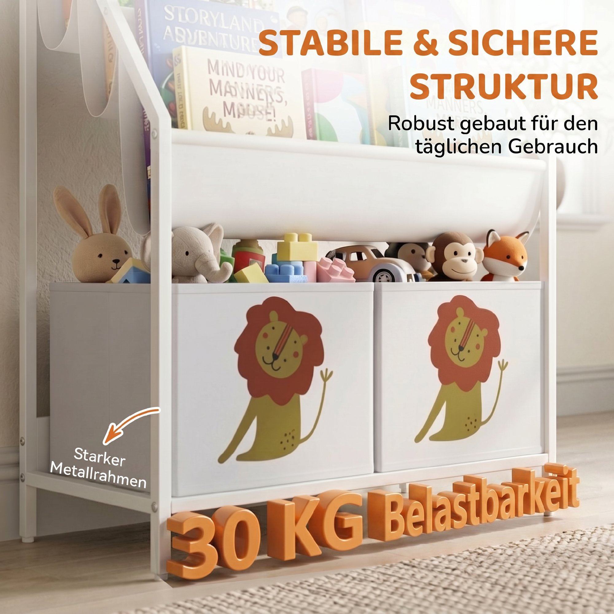 Bücherregal für Kinder Kinderregal mit 2 offenen Fächer 3 Hängeregale 60 x 30 x 76 cm Weiß