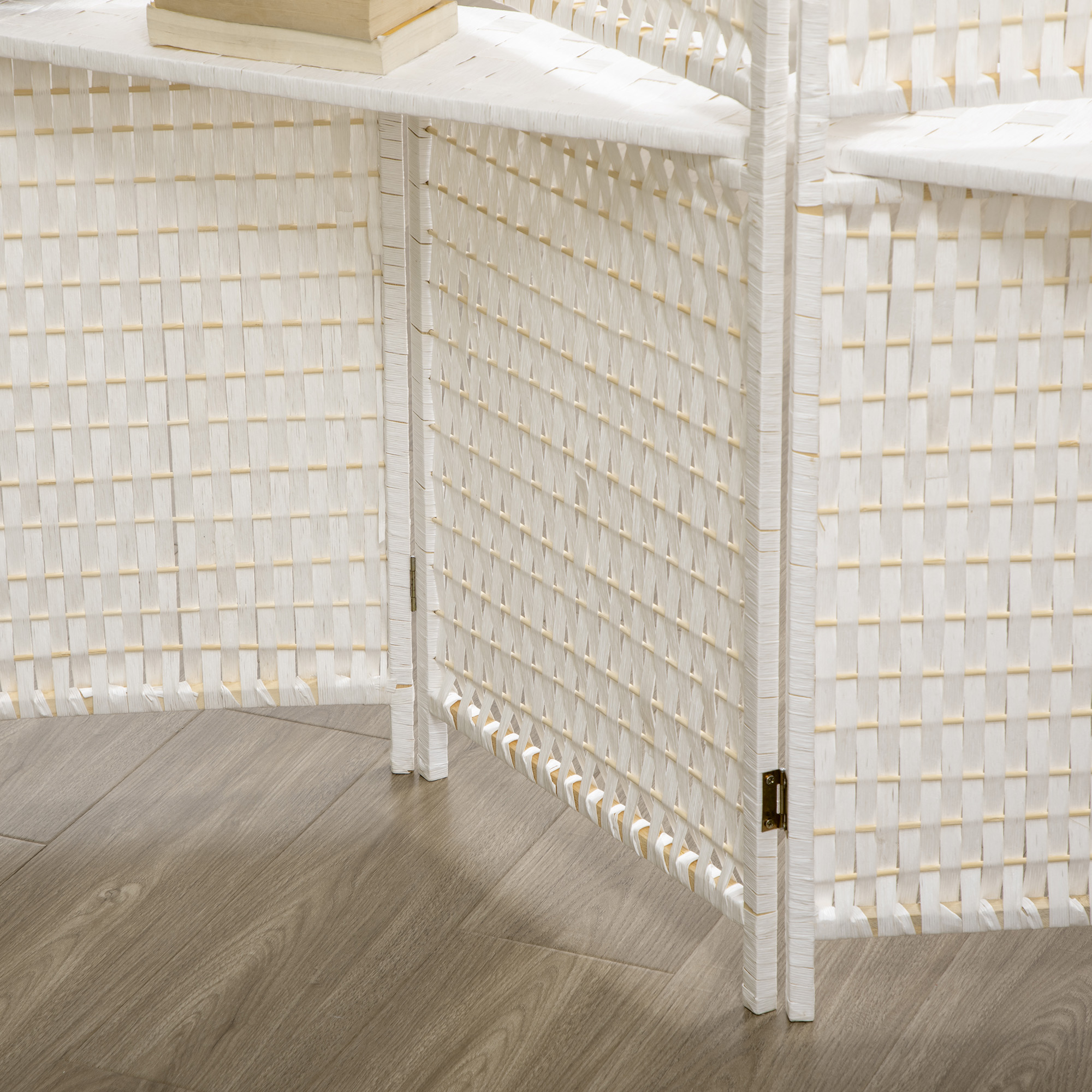 Paravent 4-teilig 181 x 180 cm Faltbar Raumteiler mit 2 Regalen aus Kiefernholz, Bambus für Schlafzimmer, Weiß