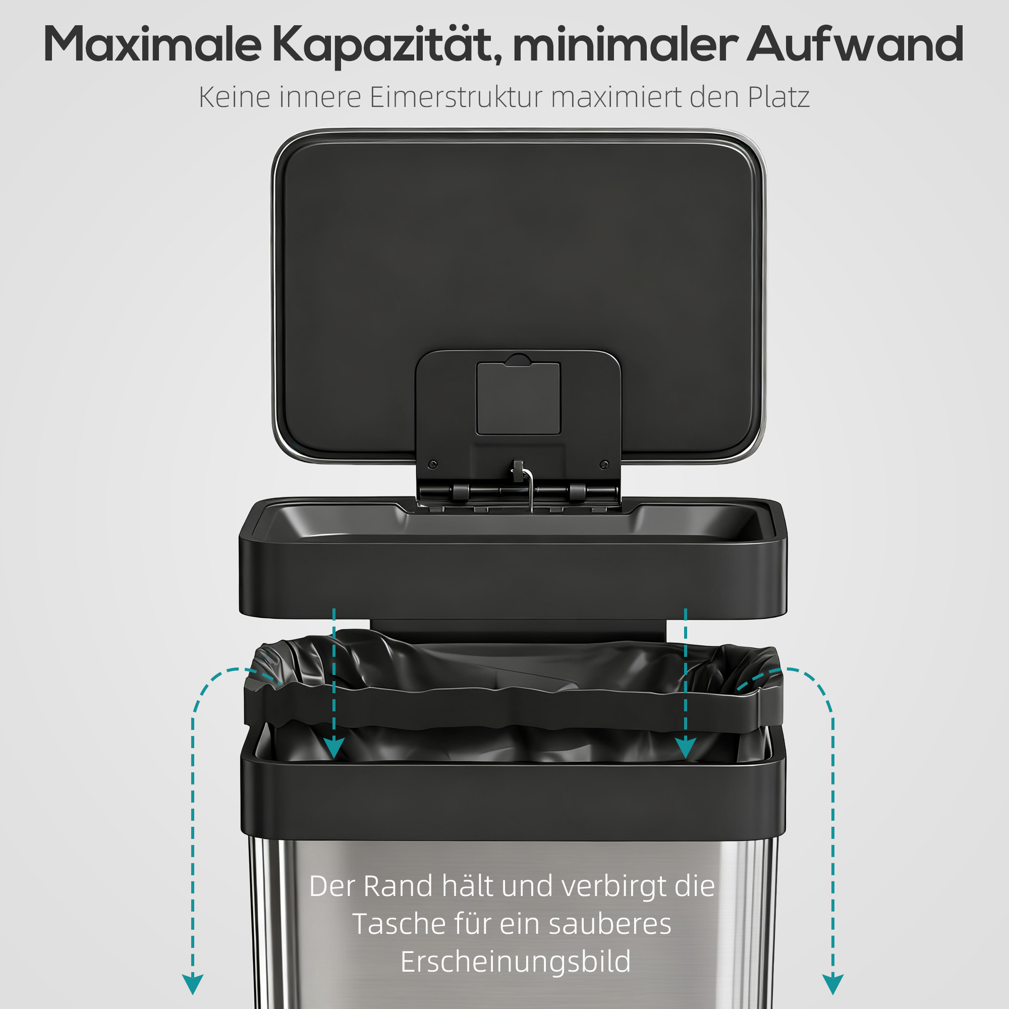 60 L Mülleimer mit Fußpedal, Edelstahl-Abfalleimer mit sanft schließendem Deckel, Silberfarben