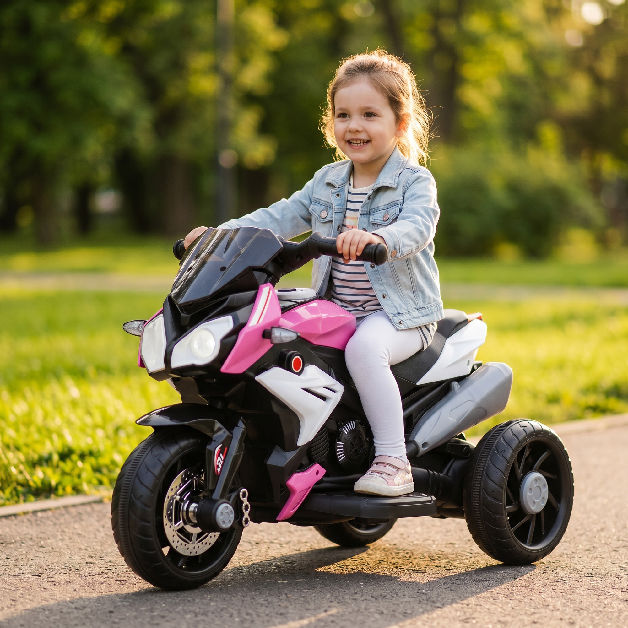 Elektro-Kindermotorrad, Lichter & Geräusche, 3 km/h, wiederaufladbar, Kunststoff & Metall, Rosa/Weiß