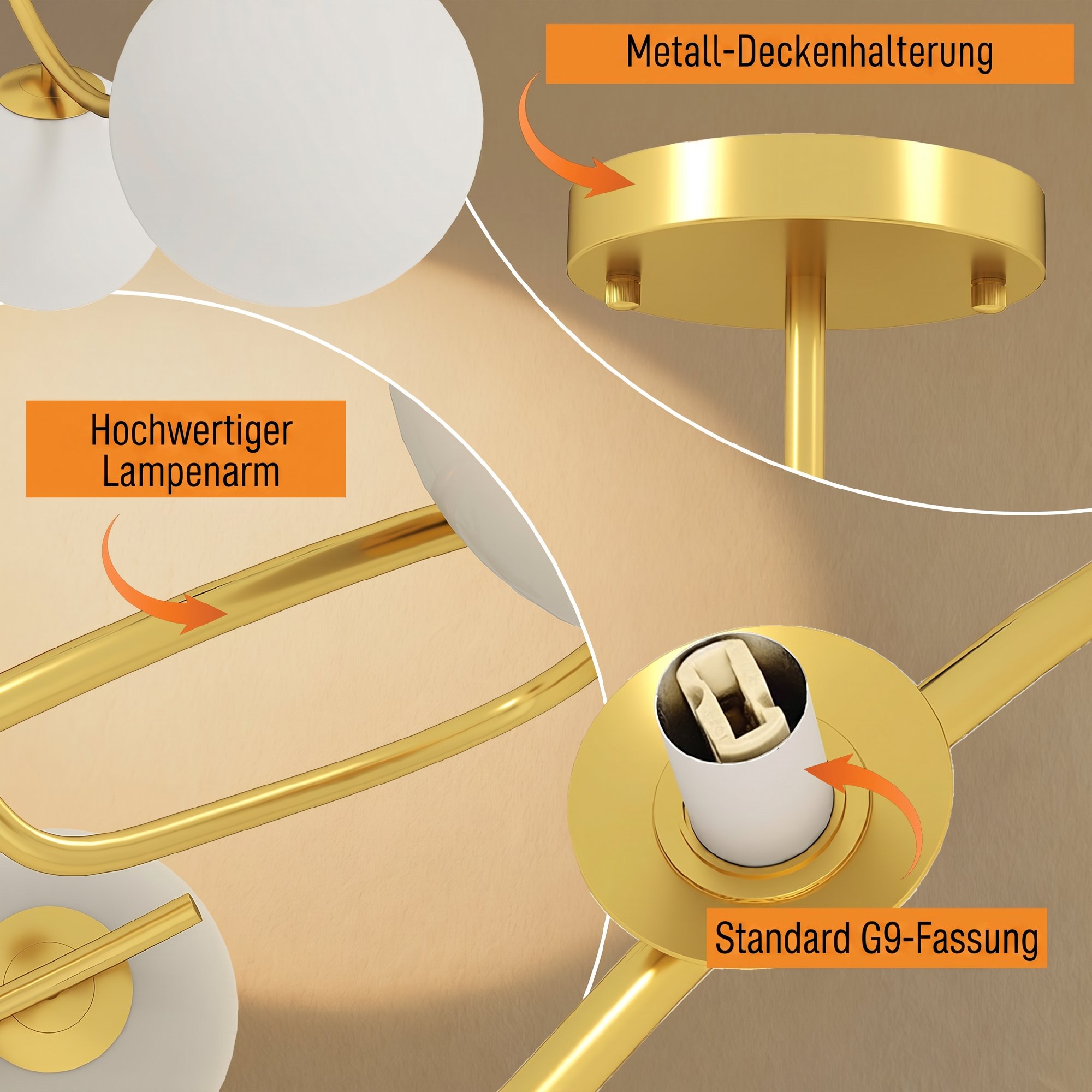 Deckenleuchte 20W Deckenlampe mit 5 G9-Fassungen, Eleganter Gold-Weiß-Look, Leuchtmittel nicht enthalten