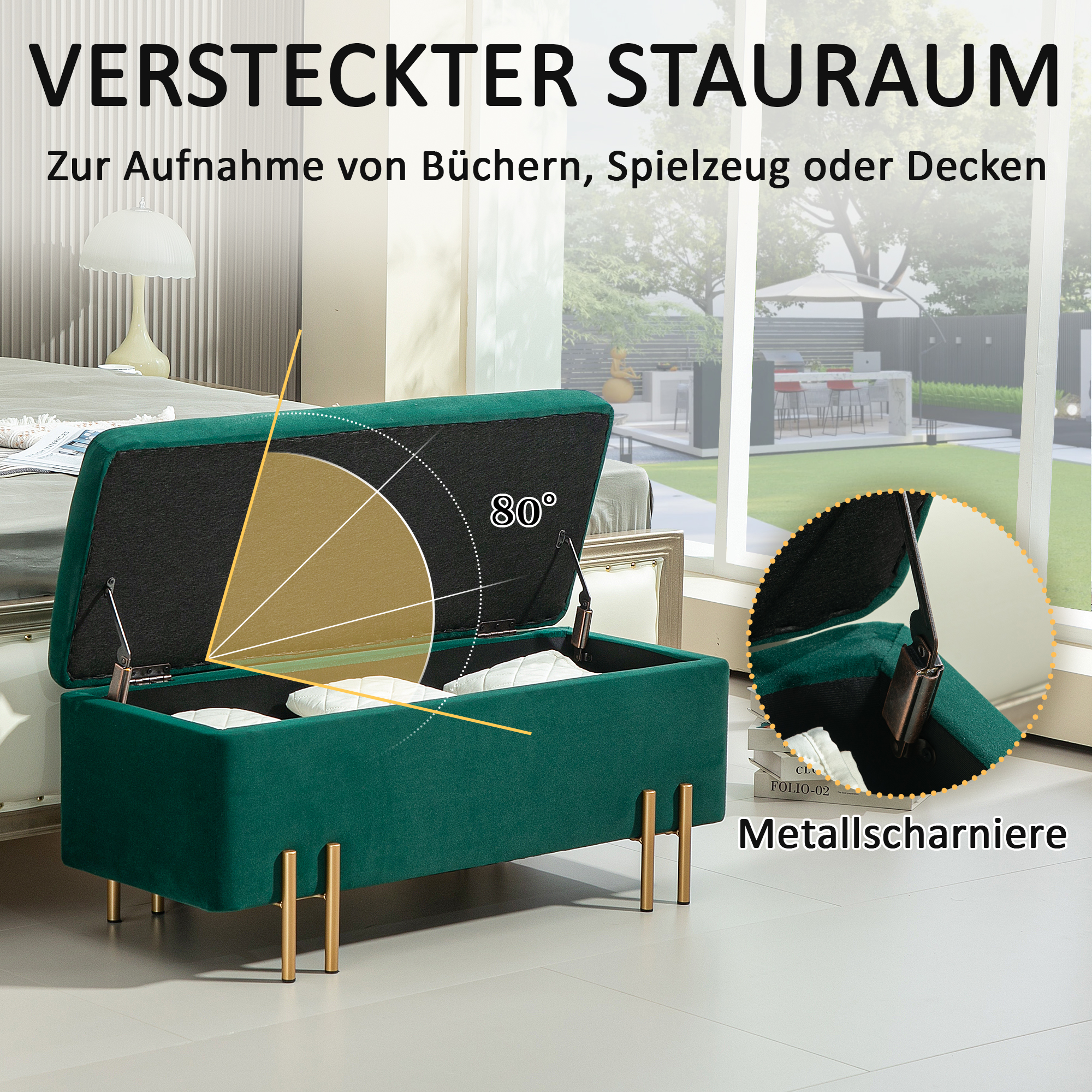 Sitzbank, Polsterbank mit Stauraum, Metall, Kautschukholz, Schaumstoff, 100 x 40 x 42 cm, Grün