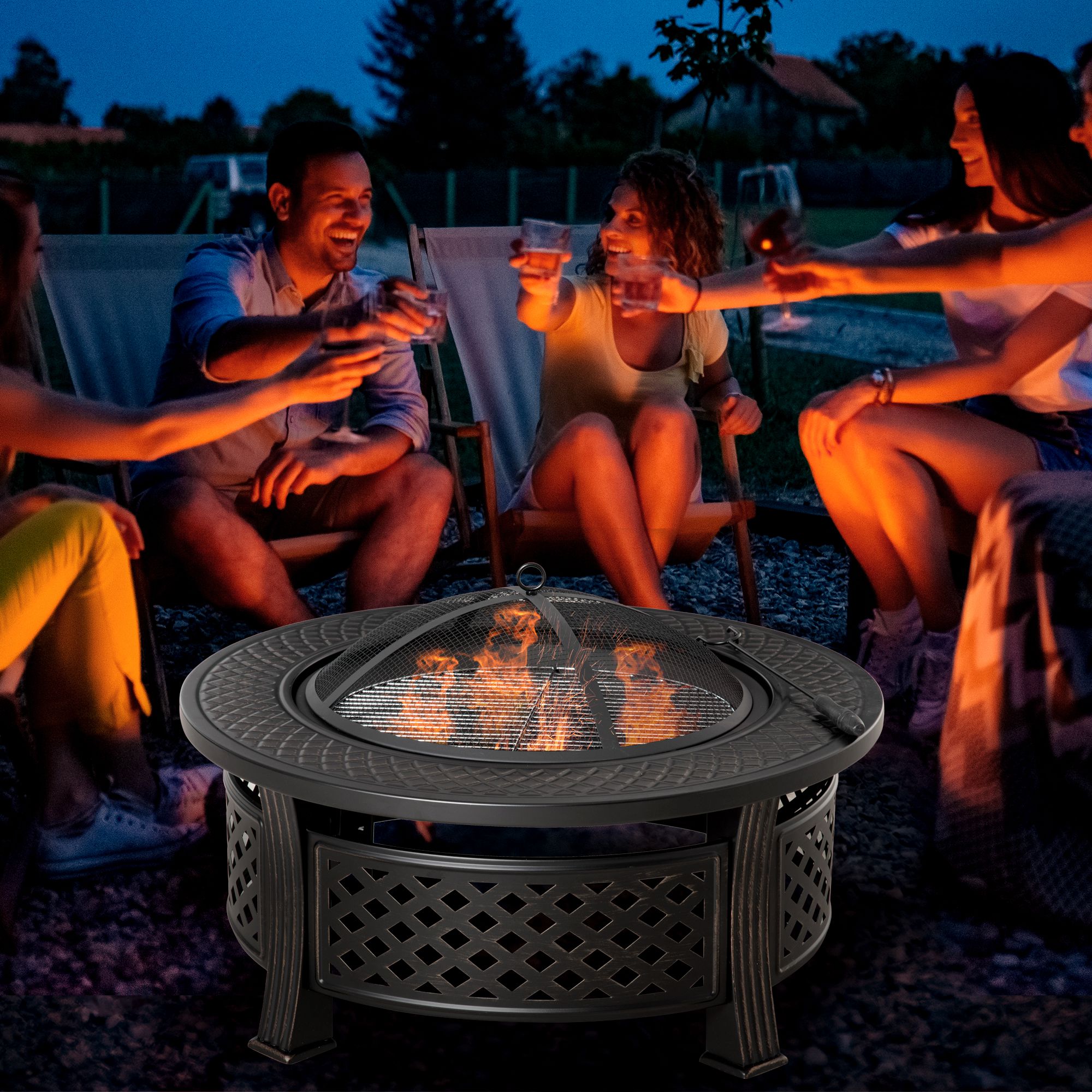Feuerschale mit Schürhaken Funkenschutz Feuerkorb Feuertisch rund Feuerstelle für Garten Camping BBQ Stahl Schwarz 81 x 81 x 50 cm