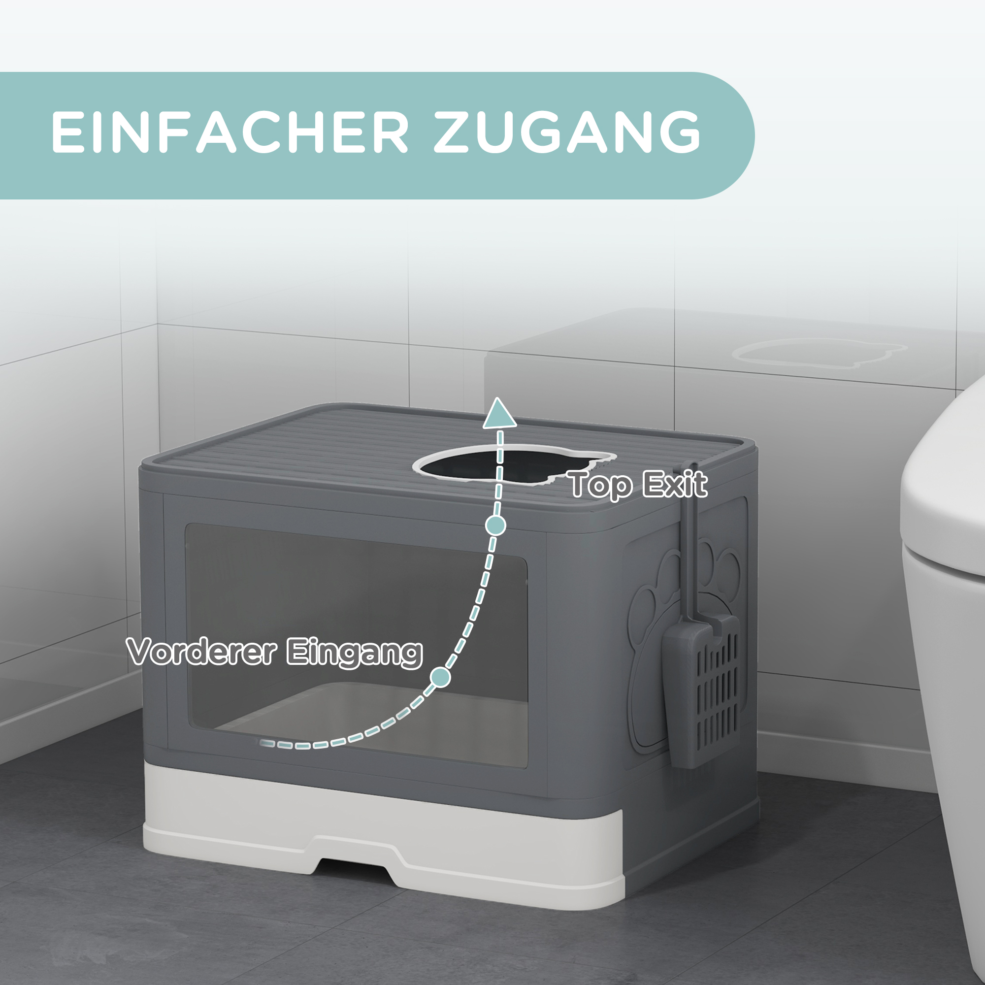 Katzentoilette Katzenklo Katzentoillete mit Abdeckung, 2 Ausgänge, 48,5 x 38 x 36,5 cm, Grau + Weiß