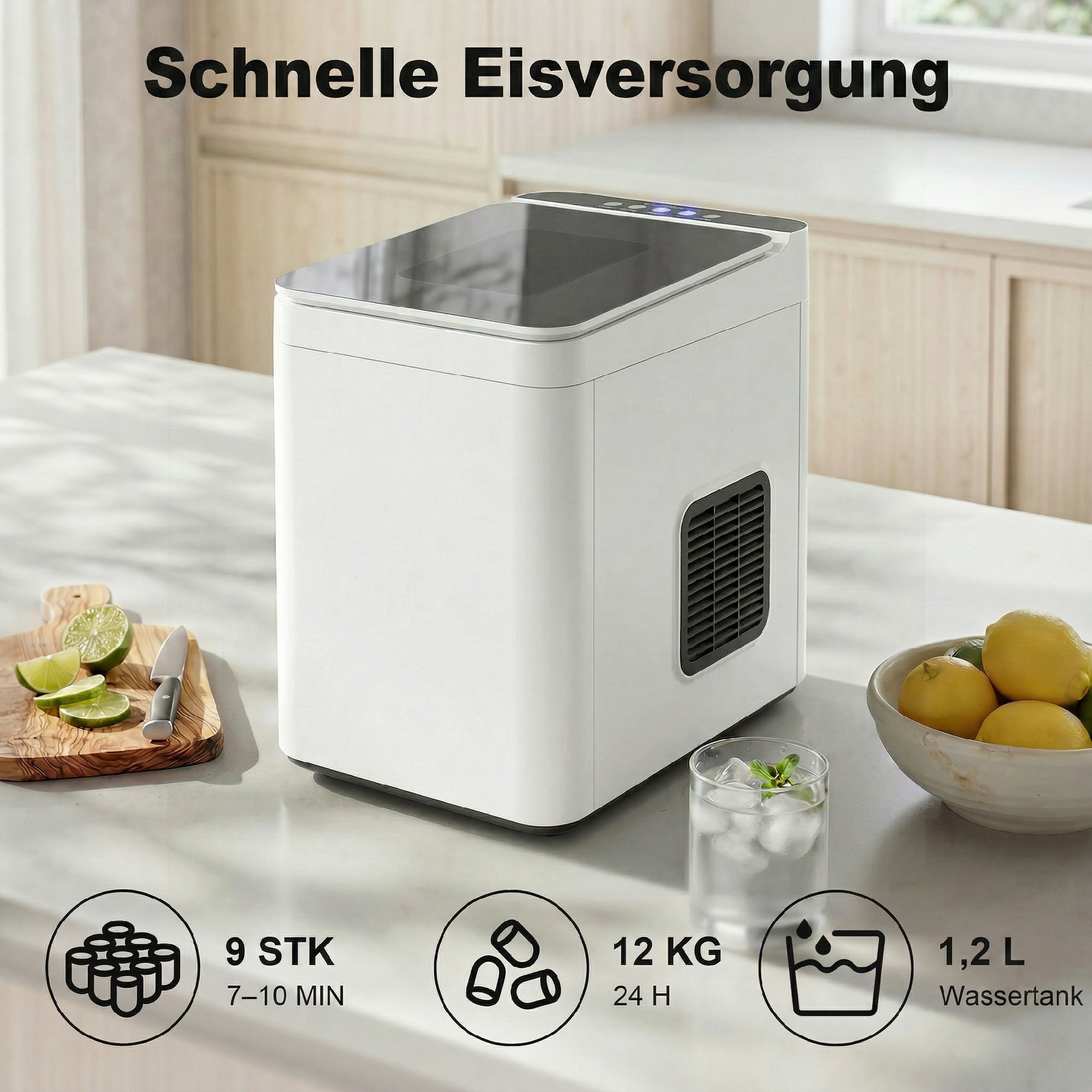 Tisch-Eismaschine Selbstreinigend Kompakter Eisbereiter mit Schaufel und Korb Weiß