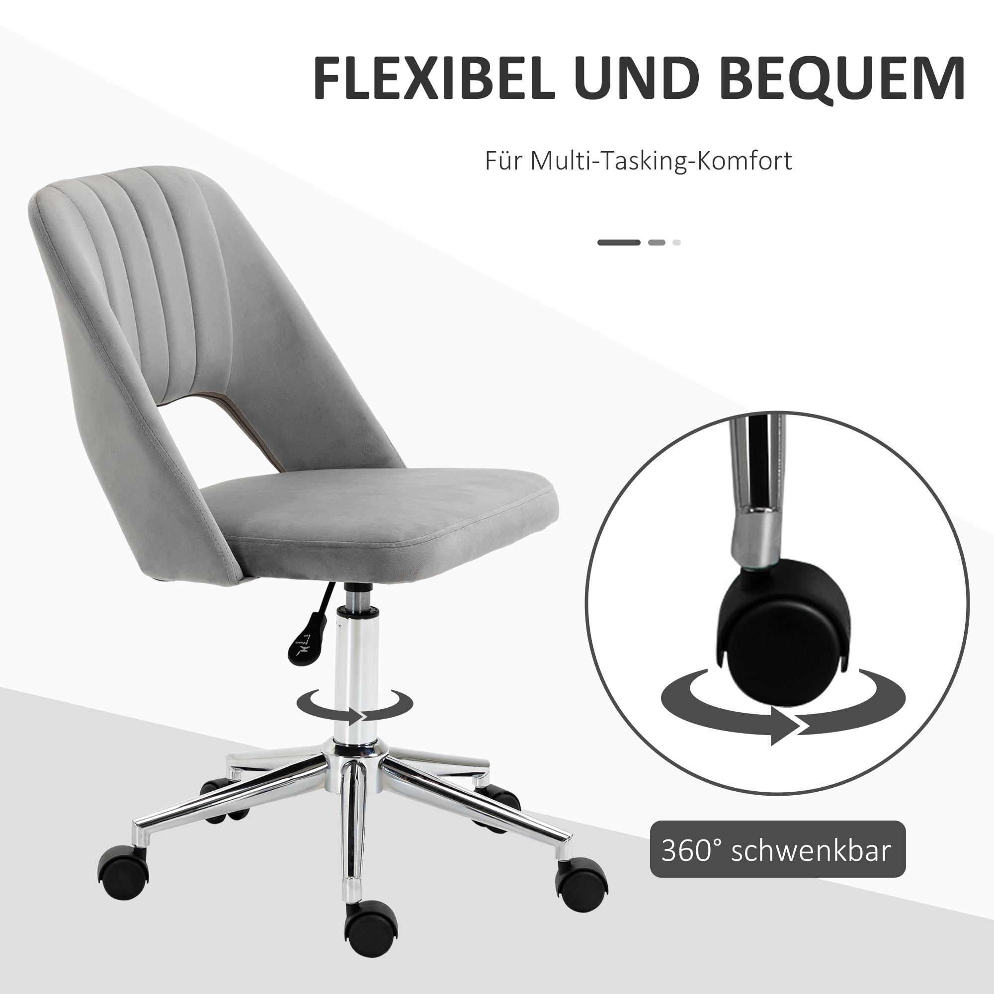 höhenverstellbarer Schreibtischstuhl mit Rollen, 360° drehbar, Jakobsmuschel-Form, Schaumstoff, 49 x 60 x 79-91 cm, Grau