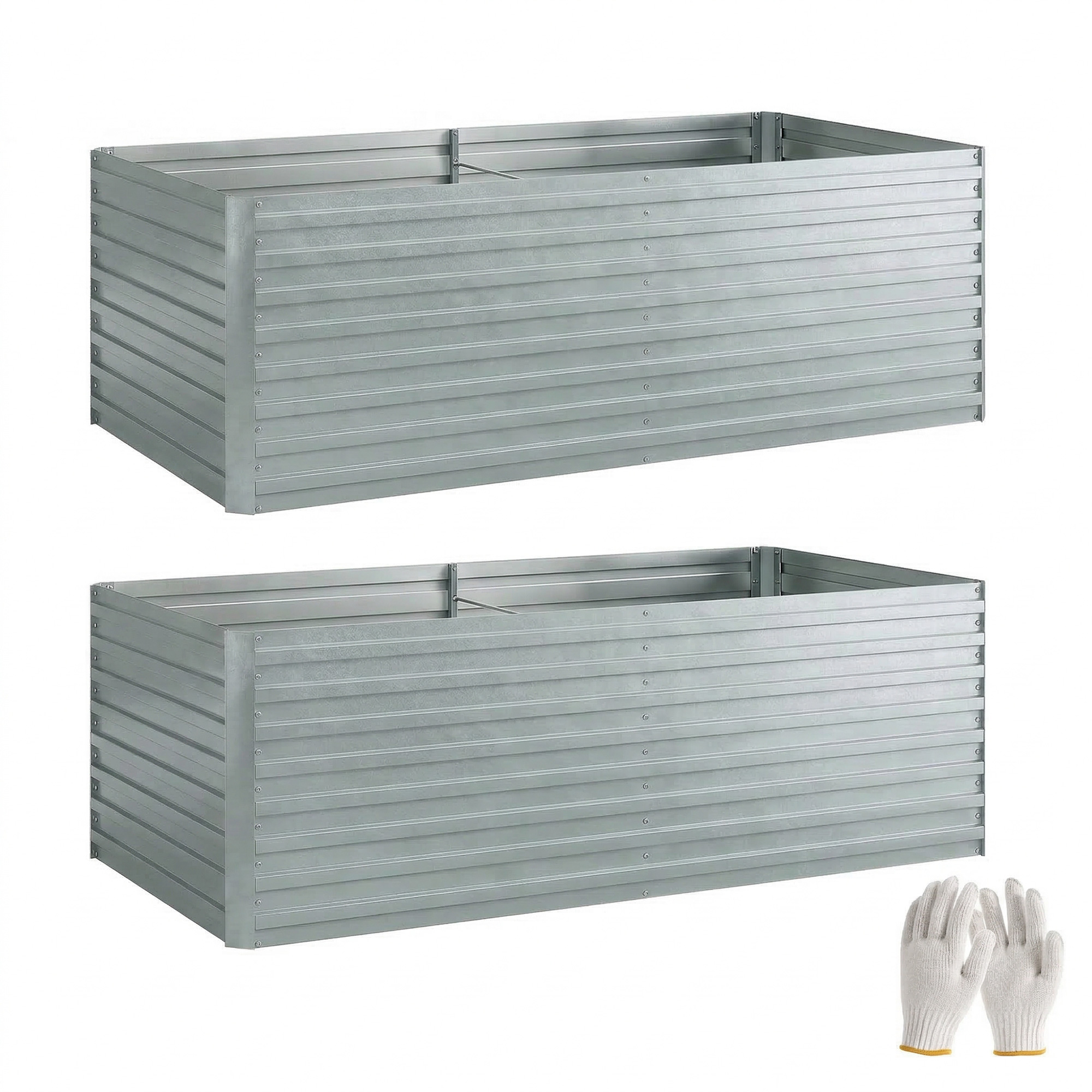 Set aus 2 verzinkten Hochbeeten, 180 x 90 x 60 cm Metall-Hochbeete mit sicherer Kante, Silber