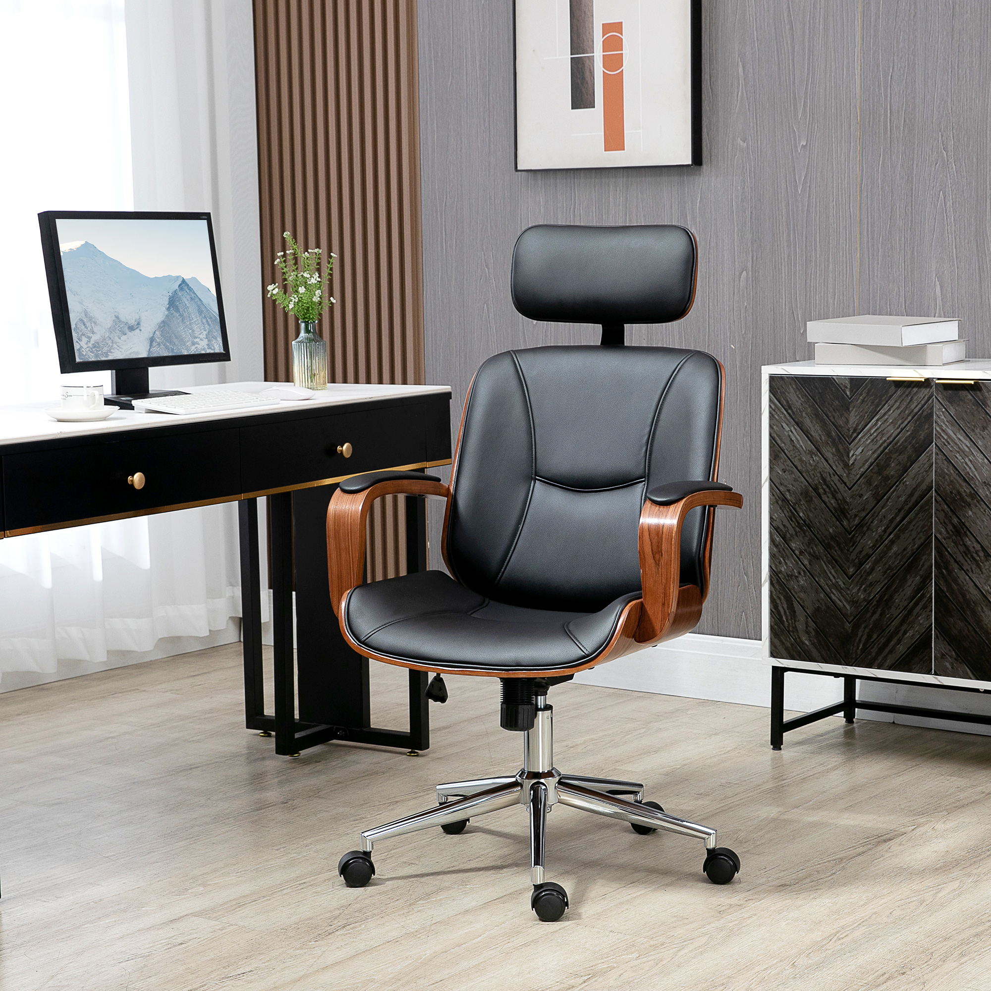 Bürostuhl Ergonomischer Schreibtischstuhl mit Hoher Rückenlehne, Abnehmbarer Kopfstütze für Home-Office Schwarz