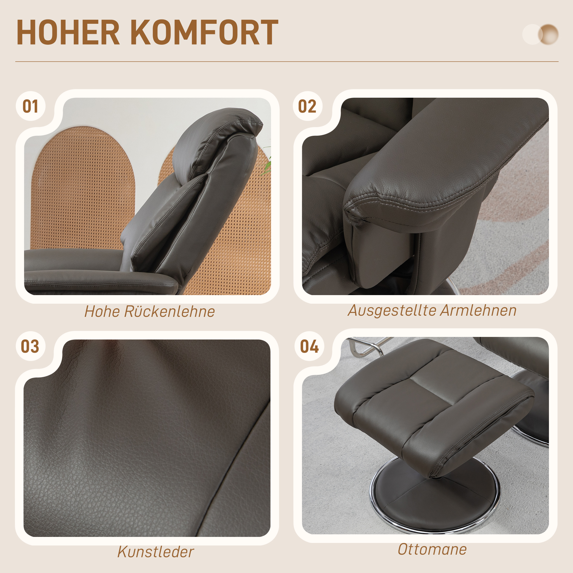 Relaxsessel mit Hocker, Rückenlehne verstellbar, Kunstleder, bis 150 kg, Grau