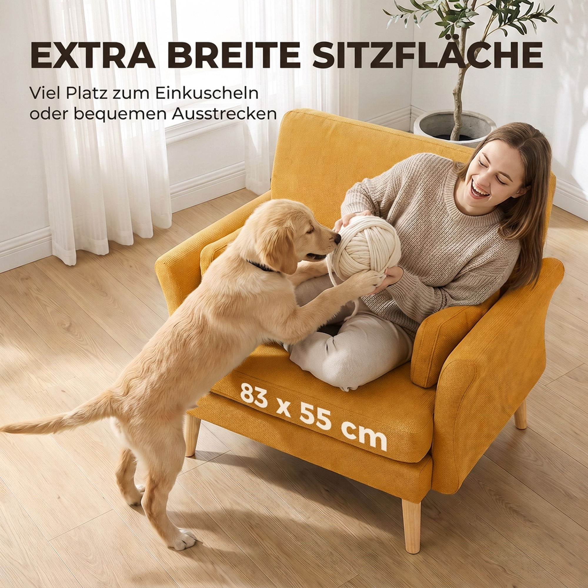 Samtgepolsterter Sessel, Übergroßer Akzentstuhl mit Holzbeinen, Lesesessel für Wohn- und Schlafzimmer, Gelb